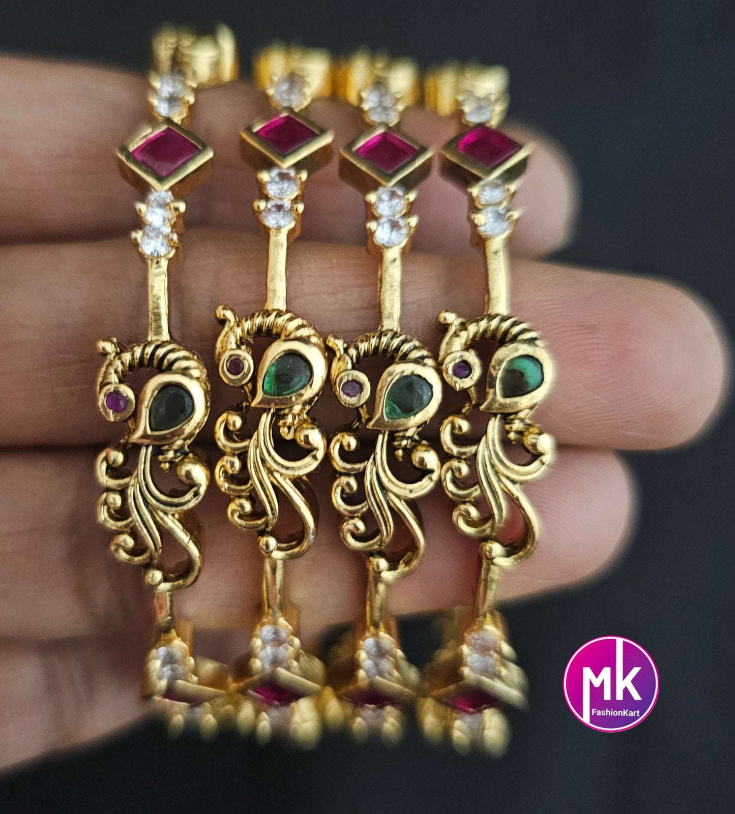 Peacock Premium Quality Matte finish AD White stone Bangles - Set of 4 bangles - Size 2.4, 2.6 and 2.8 - Fashion Jewelry - MK Fashionkart