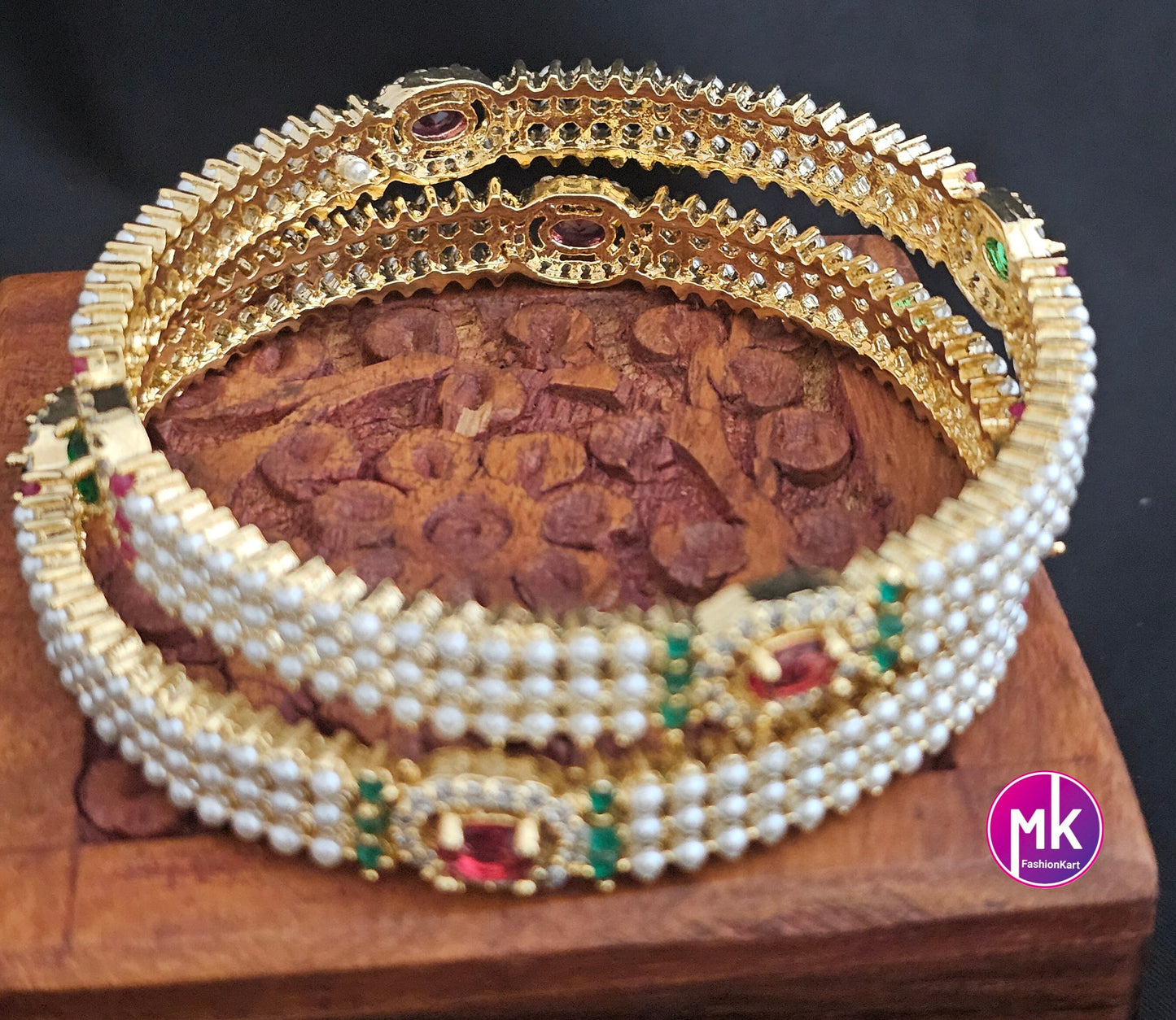Premium Quality Pearl AD White stone Bangles - Set of 2 bangles - Size 2.6 - Fashion Jewelry - MK Fashionkart