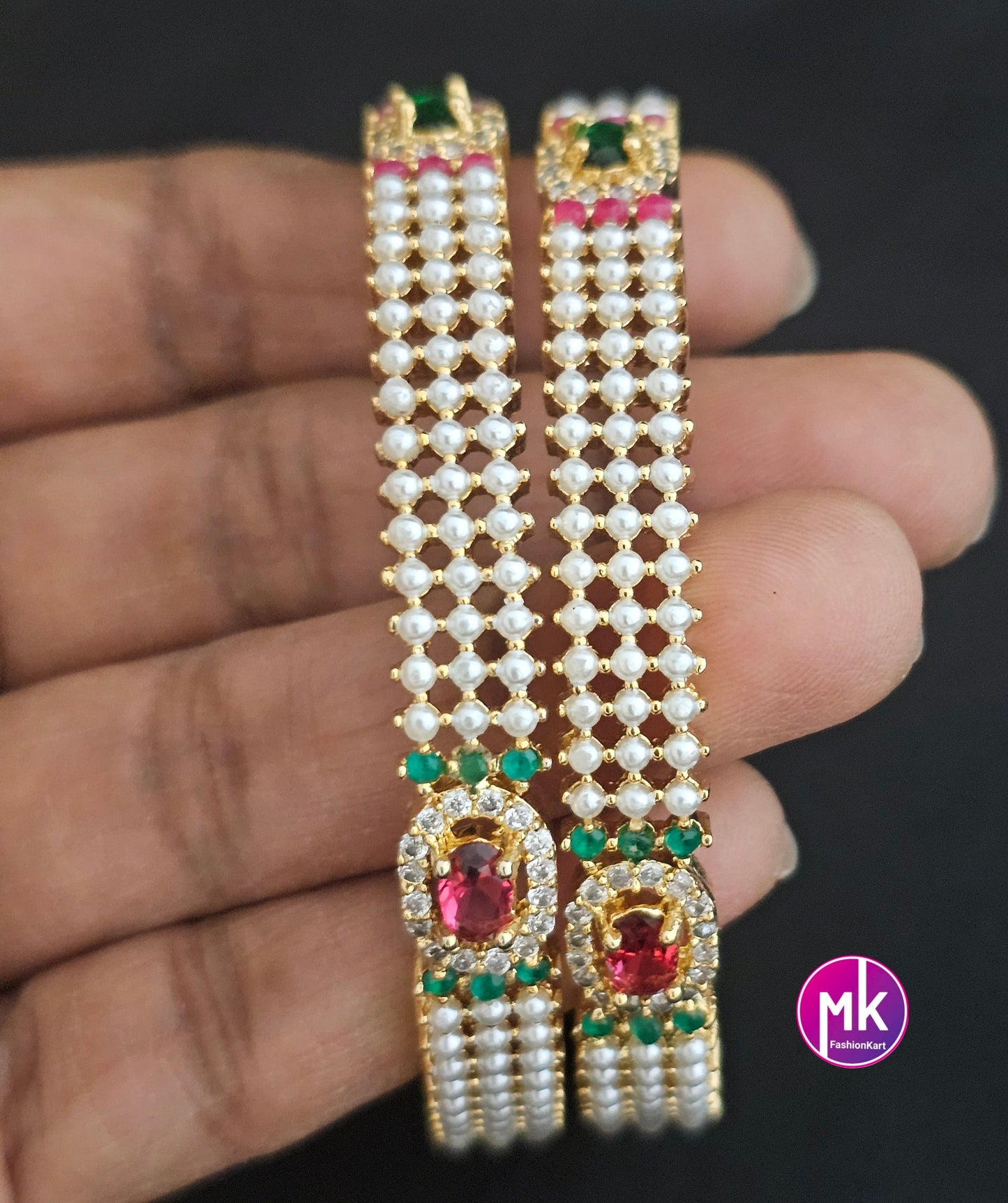 Premium Quality Pearl AD White stone Bangles - Set of 2 bangles - Size 2.6 - Fashion Jewelry - MK Fashionkart