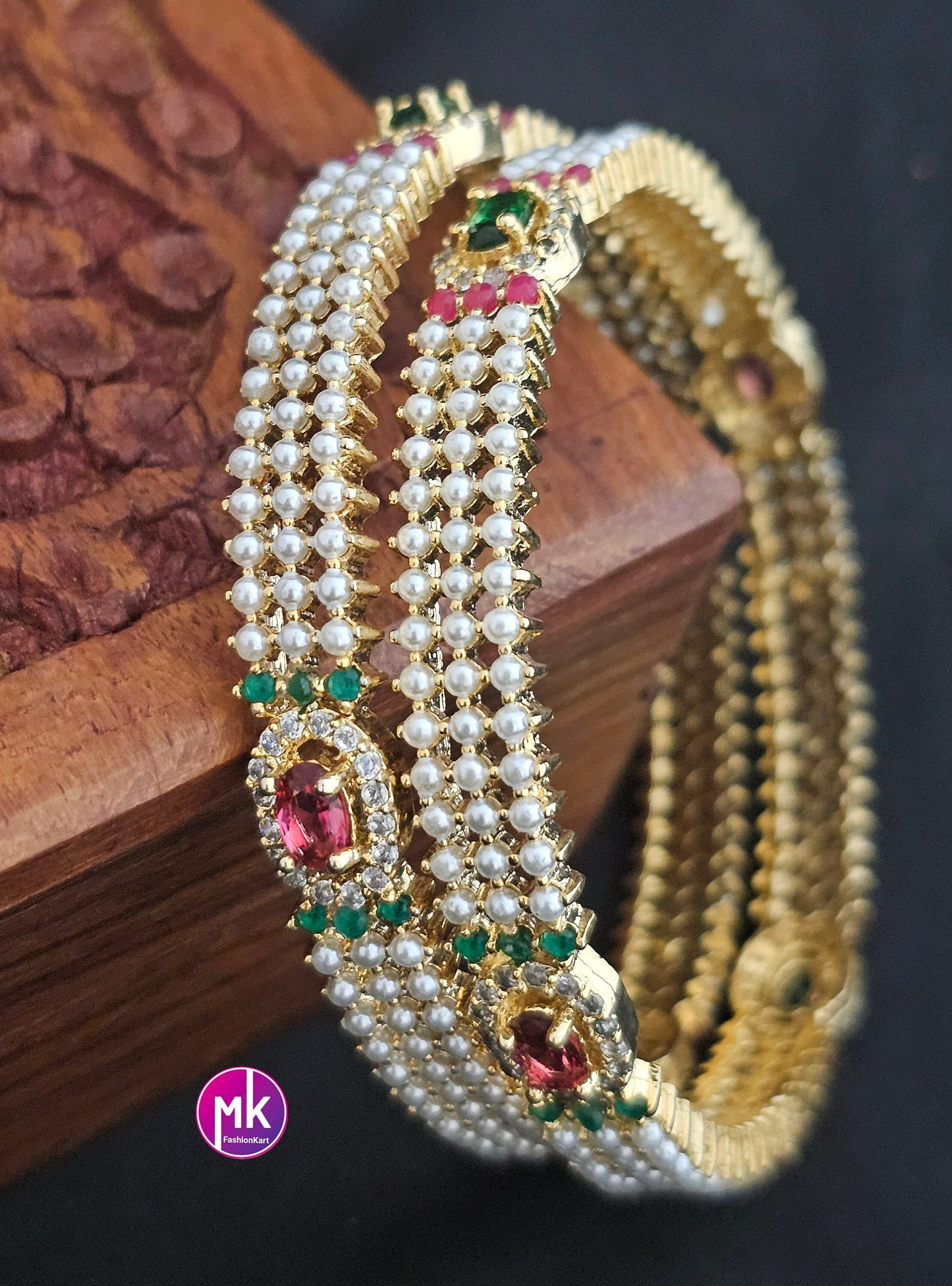 Premium Quality Pearl AD White stone Bangles - Set of 2 bangles - Size 2.6 - Fashion Jewelry - MK Fashionkart