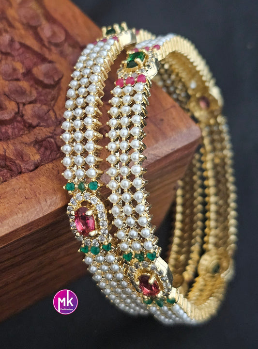 Premium Quality Pearl AD White stone Bangles - Set of 2 bangles - Size 2.6 - Fashion Jewelry - MK Fashionkart