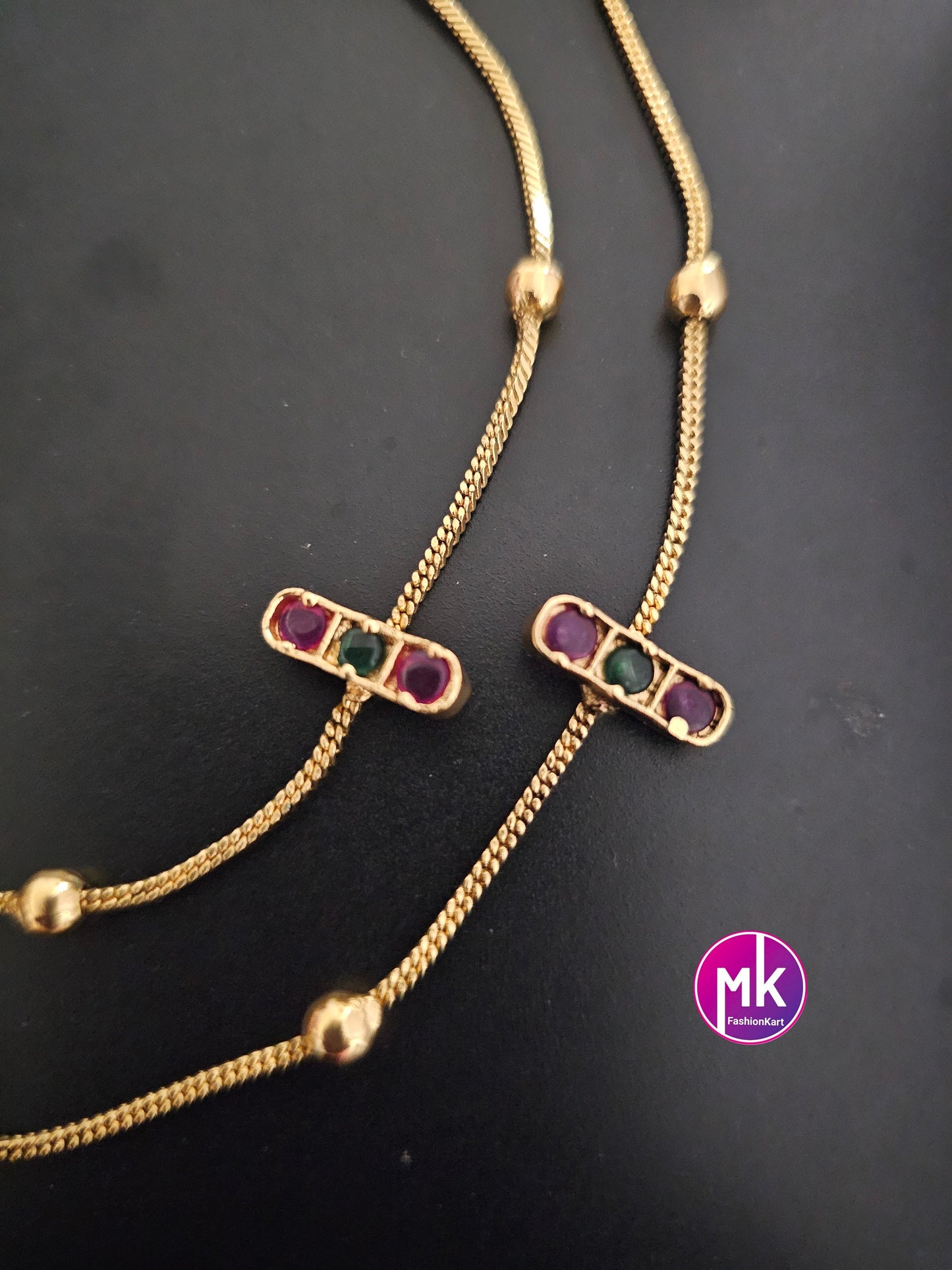 Antique Gold tone Pink-green AD stone Anklet/Leg chain/kolusu - MK Fashionkart - Indian Fashion Jewelry