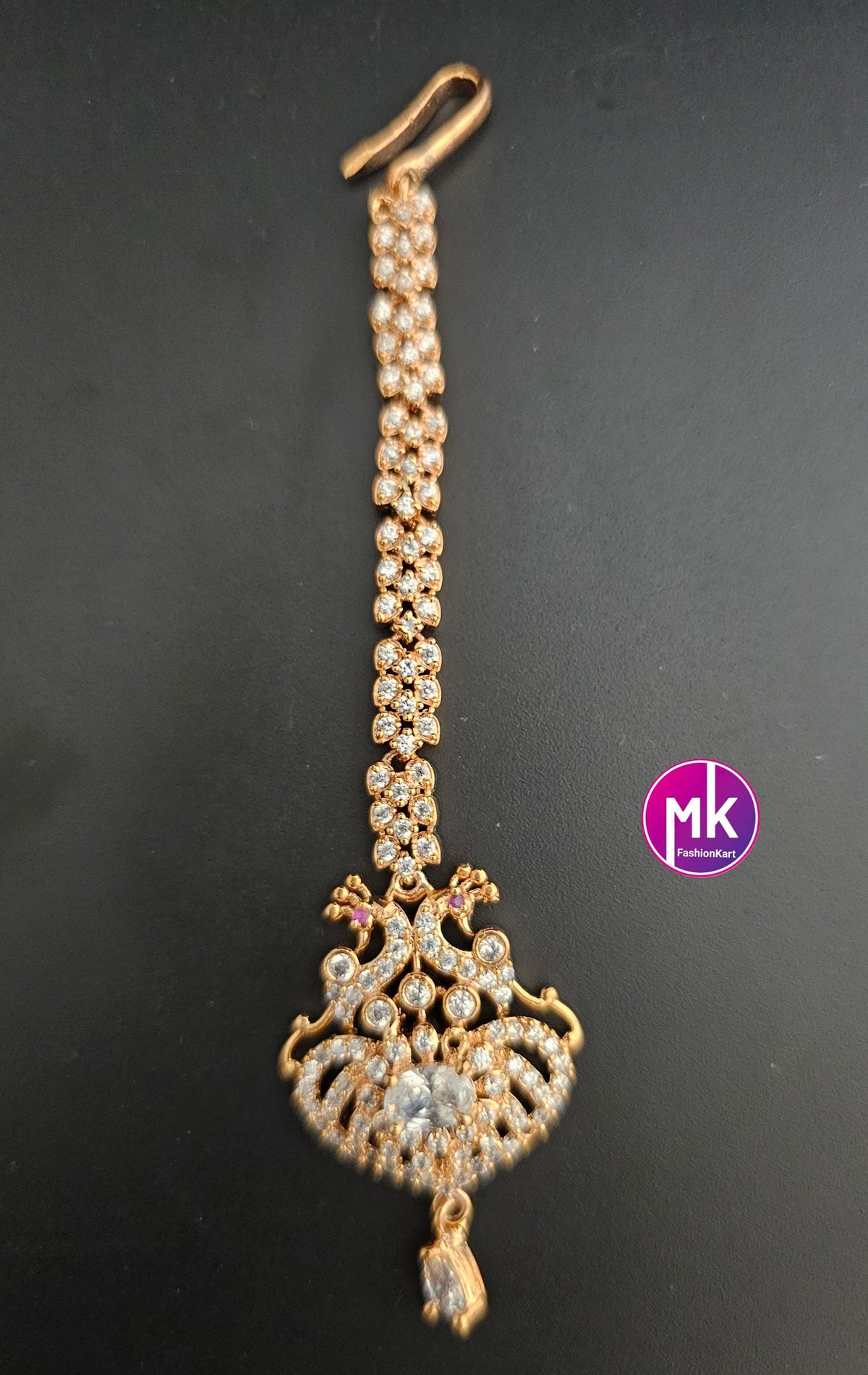 Rose gold AD stones Diamond finish with AD stone hangings Tikka/Nethichutti -  MK Fashionkart - Indian Fashion Jewelry