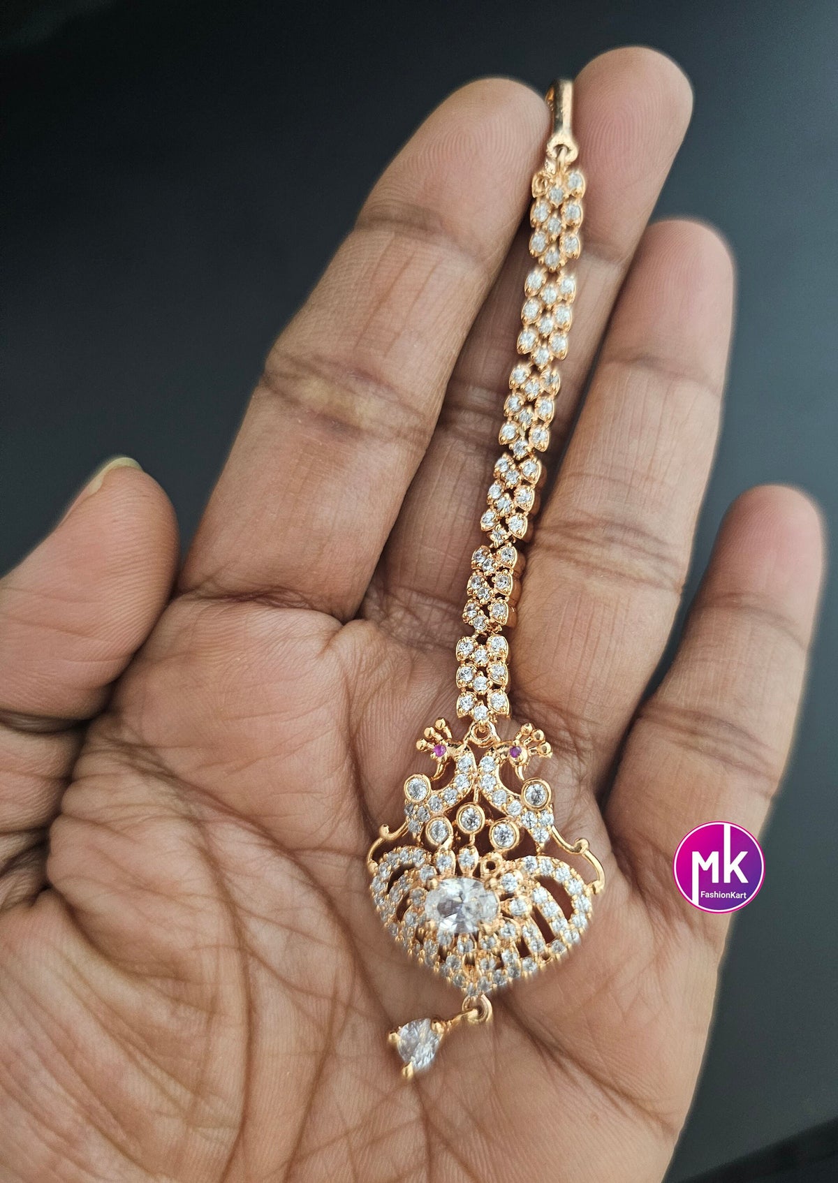 Rose gold AD stones Diamond finish with AD stone hangings Tikka/Nethichutti -  MK Fashionkart - Indian Fashion Jewelry