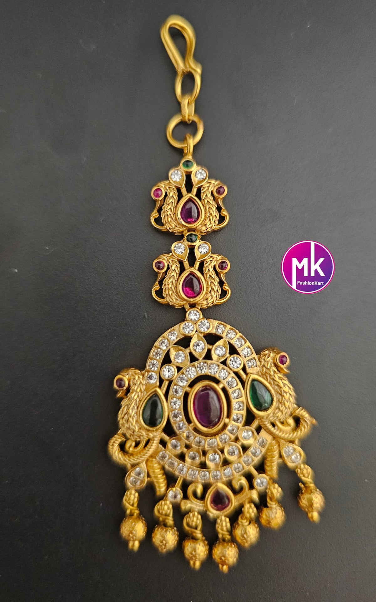Peacock design matte gold finish AD stone with gold ball hanging hangings Tikka/Nethichutti -  MK Fashionkart - Indian Fashion Jewelry