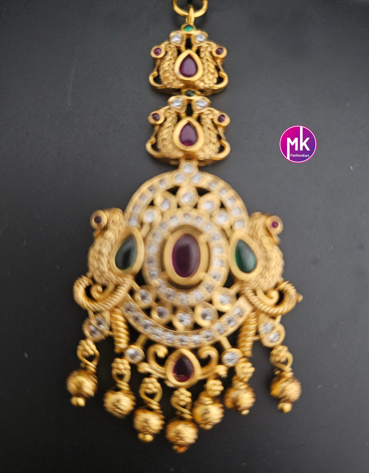 Peacock design matte gold finish AD stone with gold ball hanging hangings Tikka/Nethichutti -  MK Fashionkart - Indian Fashion Jewelry