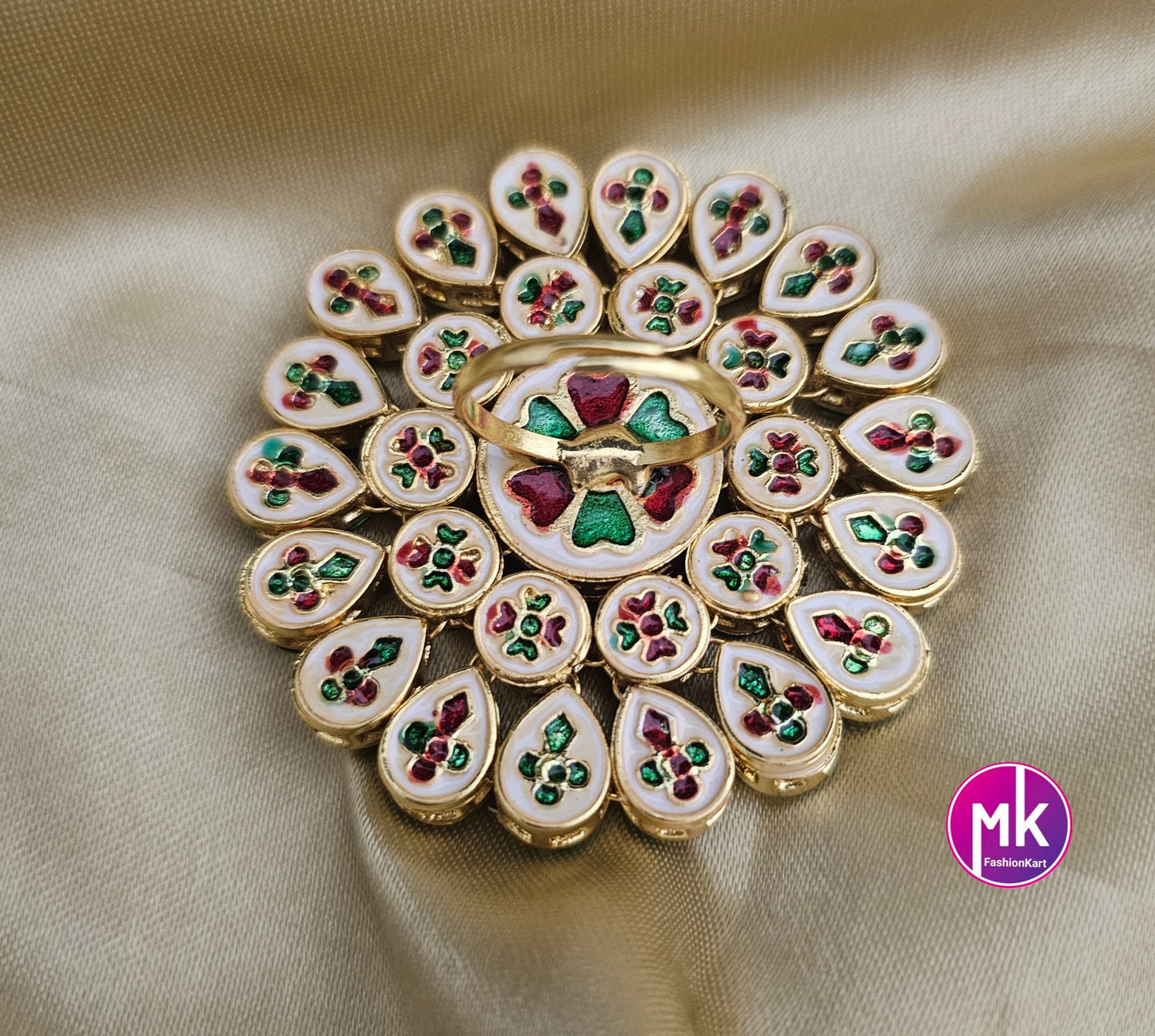 Bollywood Big Jaipur Kundan Polki Stone with Meenakari work backside Finger Ring (Adjustable)/- Fashion Jewelry Rings - MK Fashionkart