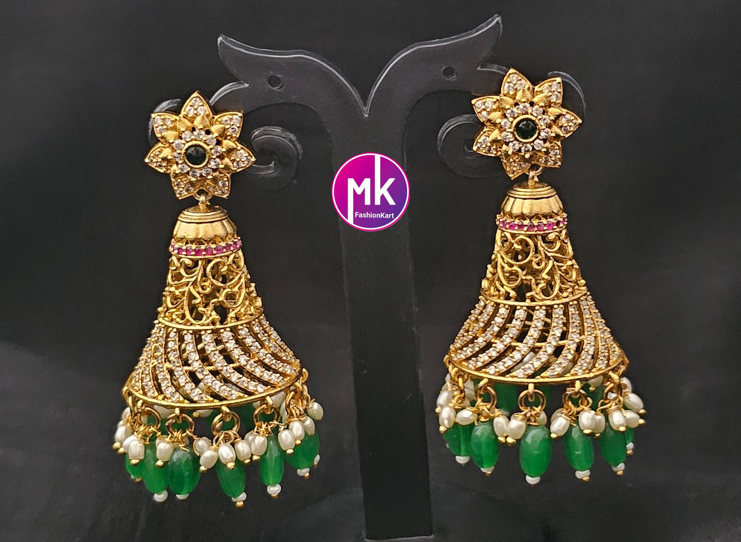 Premium Quality premium polish matte finish Big Jhumka with precious bead hangings - MK Fashionkart - Fashion Jewelry
