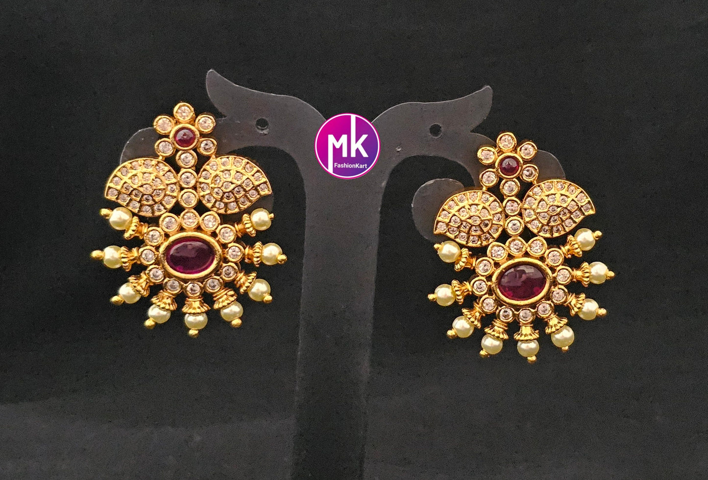 Matte Gold finish flower design AD stone big Earrings - Traditional and Trendy Earrings - MK Fashionkart - Fashion Jewelry