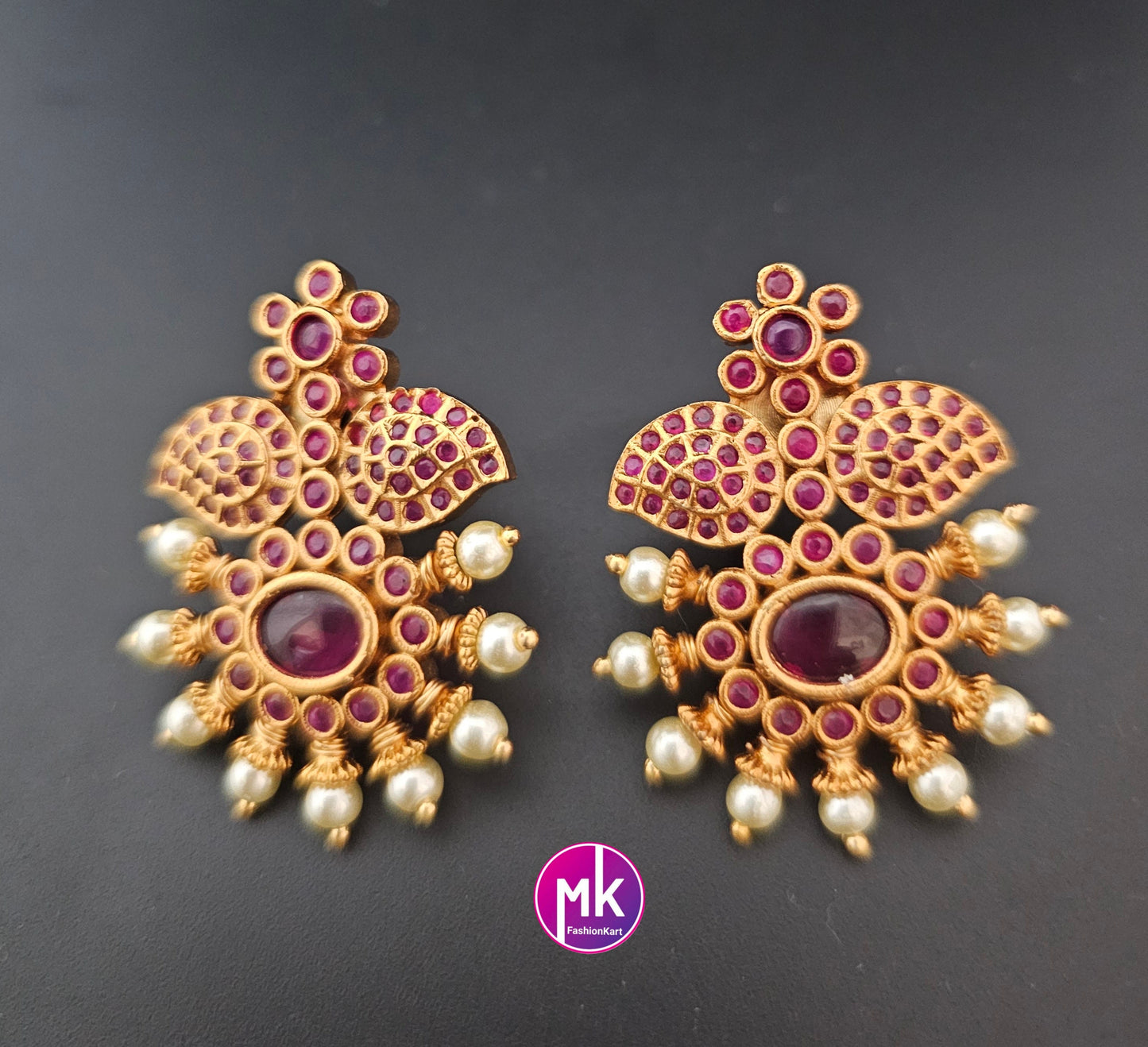 Matte Gold finish flower design AD stone big Earrings - Traditional and Trendy Earrings - MK Fashionkart - Fashion Jewelry