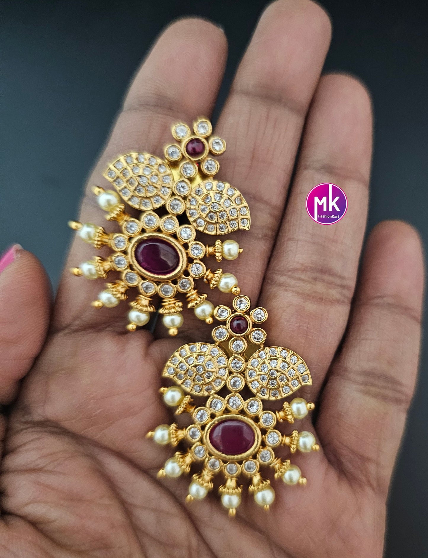 Matte Gold finish flower design AD stone big Earrings - Traditional and Trendy Earrings - MK Fashionkart - Fashion Jewelry