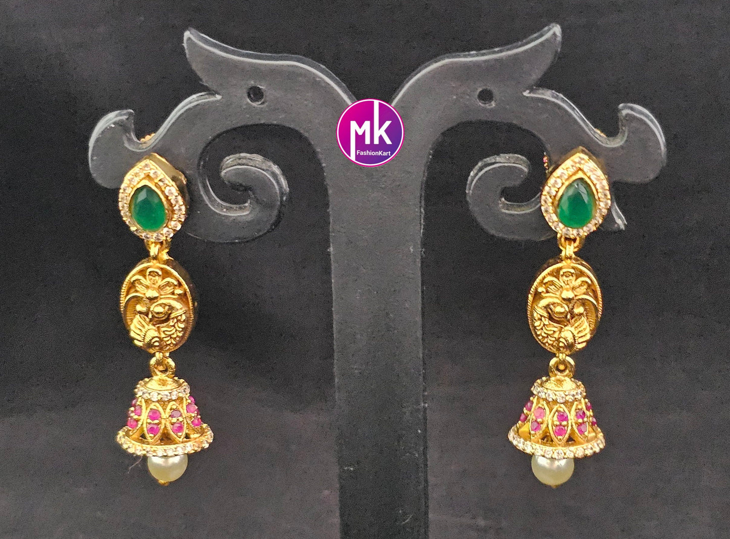 Peacock Matte finish Earrings with hanging pearls Jhumki Jhumka Earrings for Women and Girls - MK Fashionkart - Indian Fashion Jewelry