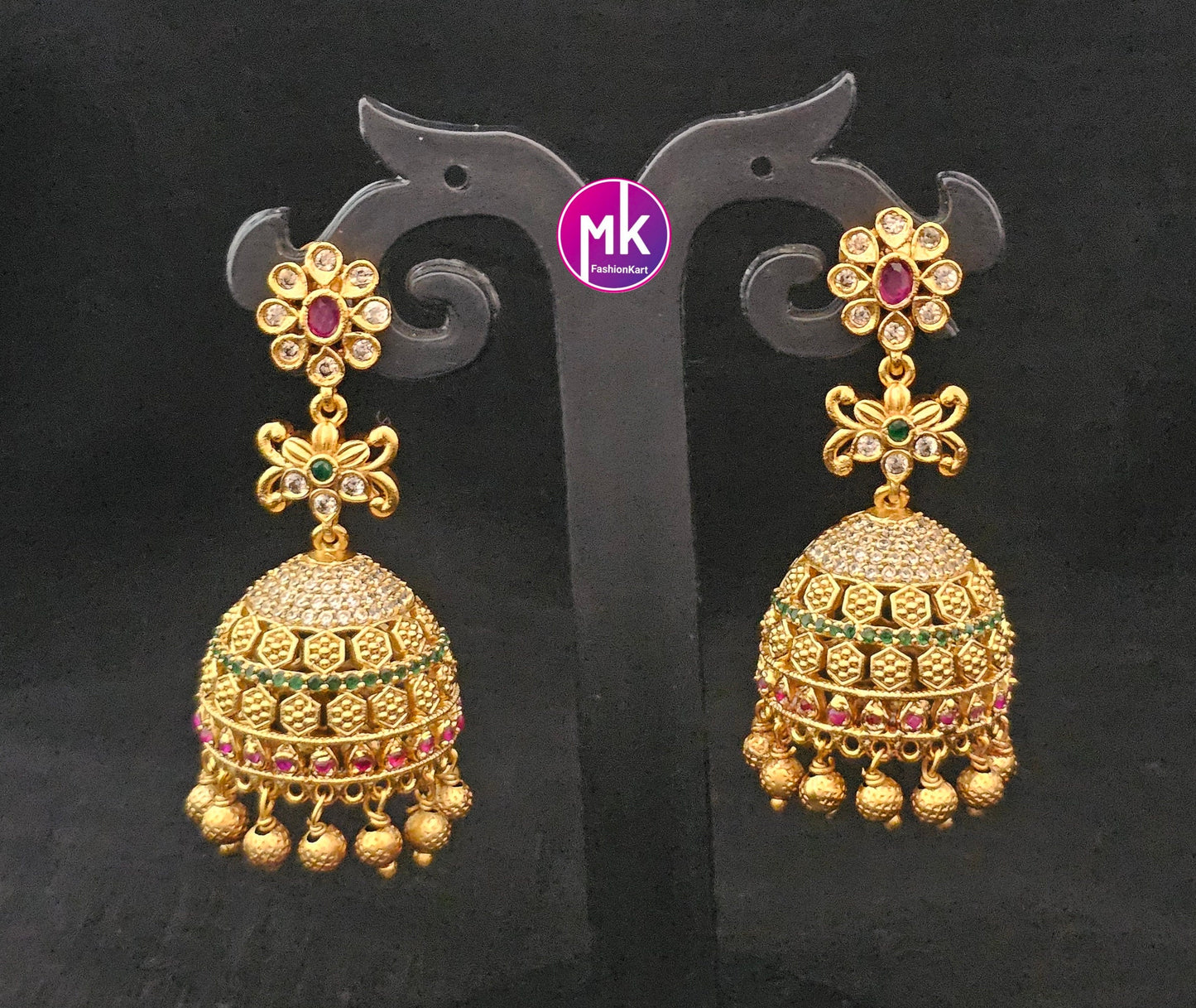 Premium Quality flower design matte gold finish Big Jhumka with precious gold bead hangings - MK Fashionkart - Fashion Jewelry