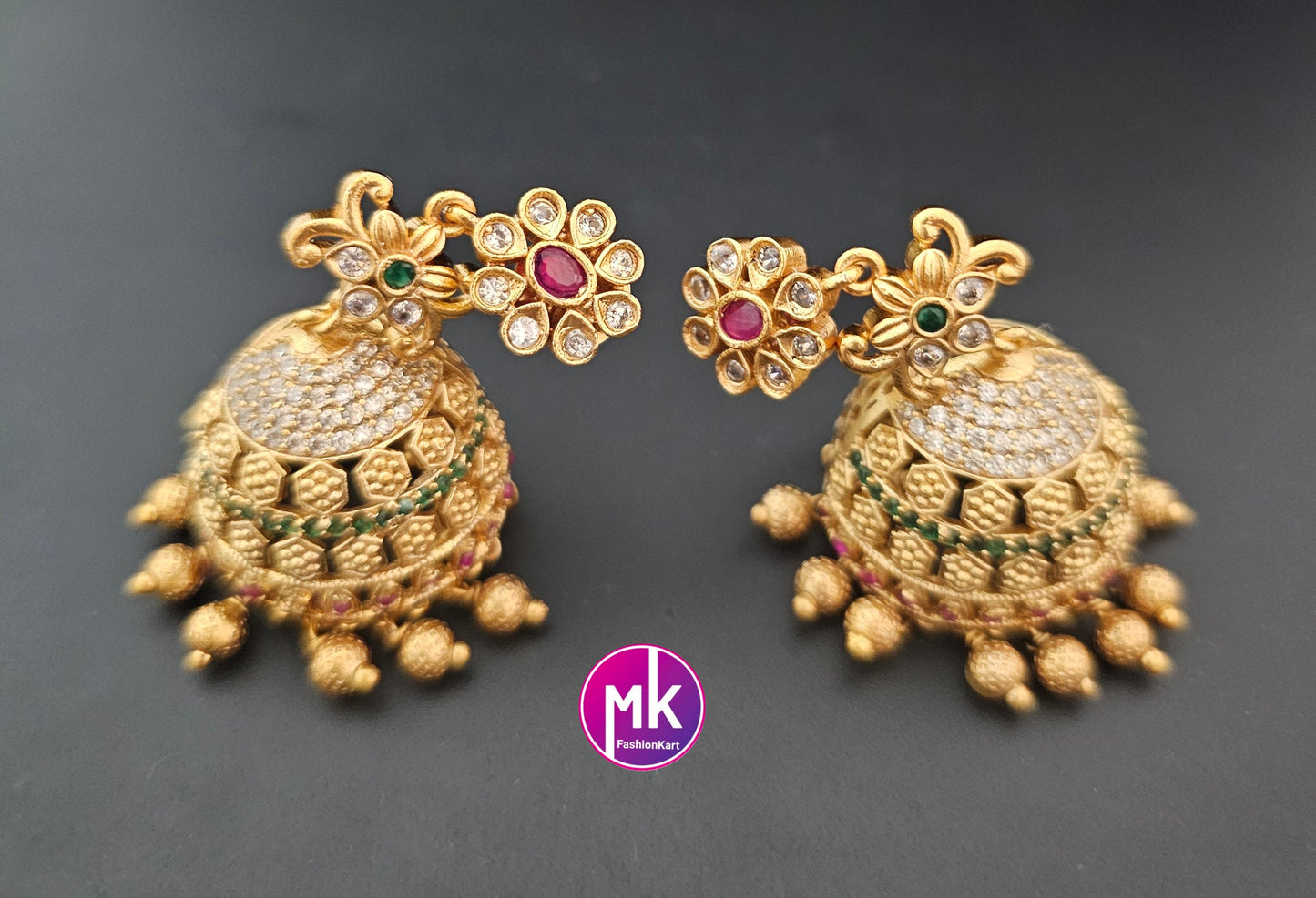 Premium Quality flower design matte gold finish Big Jhumka with precious gold bead hangings - MK Fashionkart - Fashion Jewelry