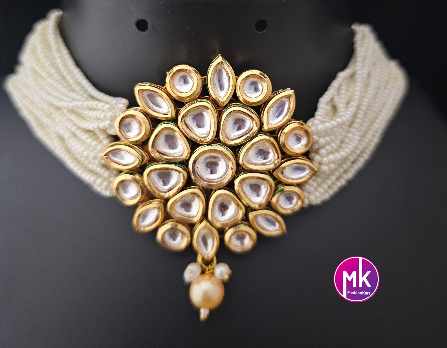 Premium Quality Gold polish Kundan Polki Bridal Choker with multi-strand piroyi pearls with Polki Earrings and Tikka -  MK Fashionkart