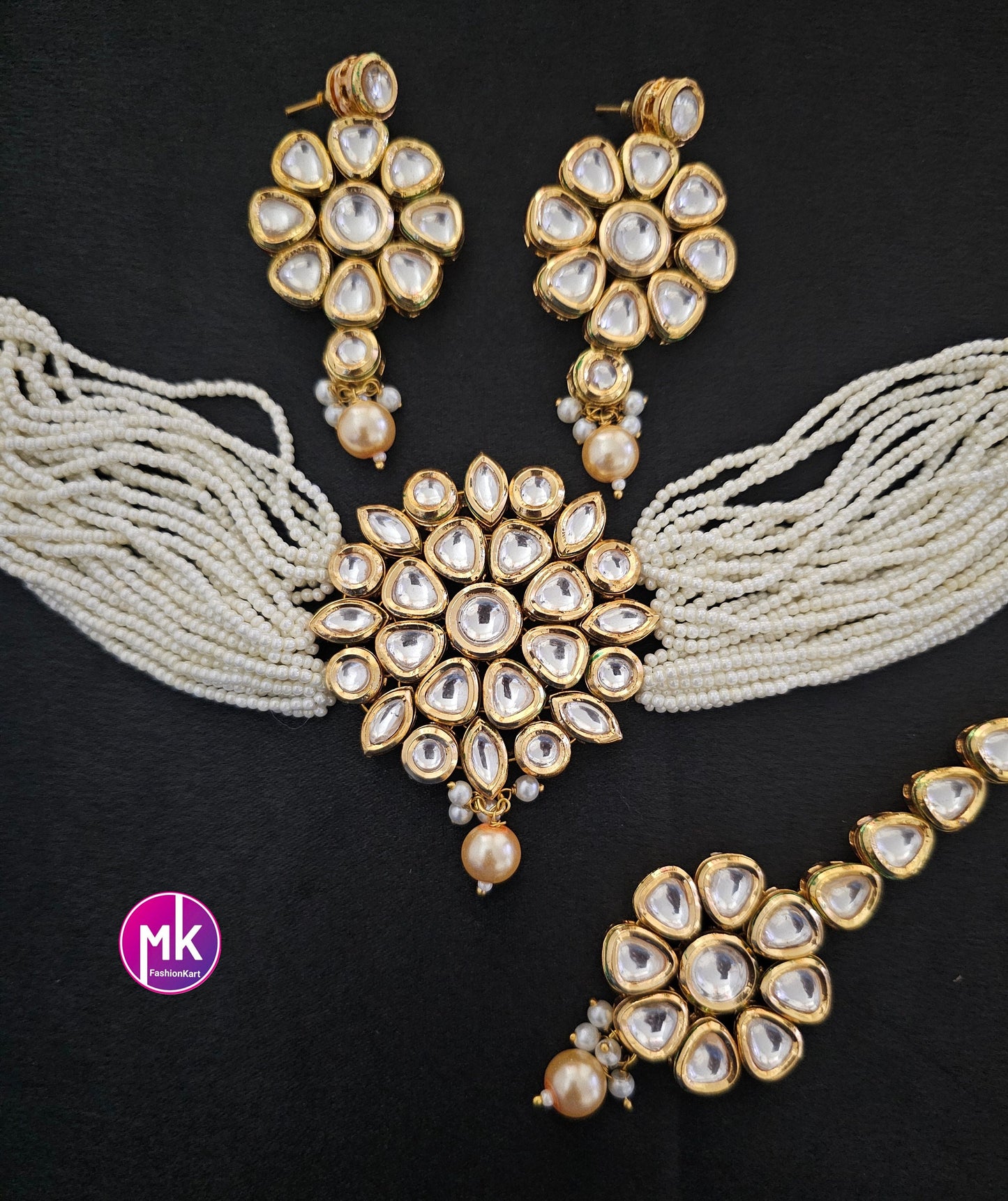 Premium Quality Gold polish Kundan Polki Bridal Choker with multi-strand piroyi pearls with Polki Earrings and Tikka -  MK Fashionkart