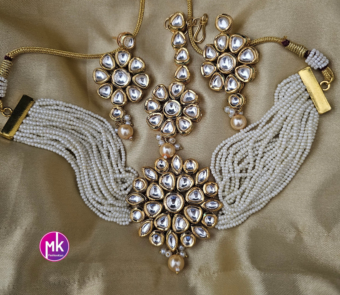 Premium Quality Gold polish Kundan Polki Bridal Choker with multi-strand piroyi pearls with Polki Earrings and Tikka -  MK Fashionkart