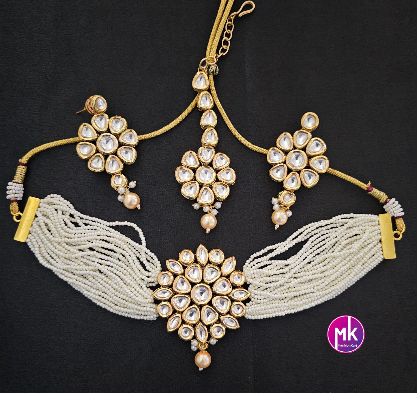 Premium Quality Gold polish Kundan Polki Bridal Choker with multi-strand piroyi pearls with Polki Earrings and Tikka -  MK Fashionkart