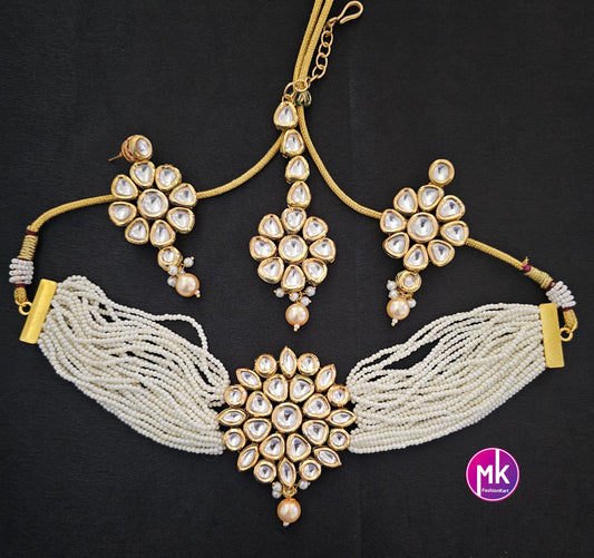 Premium Quality Gold polish Kundan Polki Bridal Choker with multi-strand piroyi pearls with Polki Earrings and Tikka -  MK Fashionkart