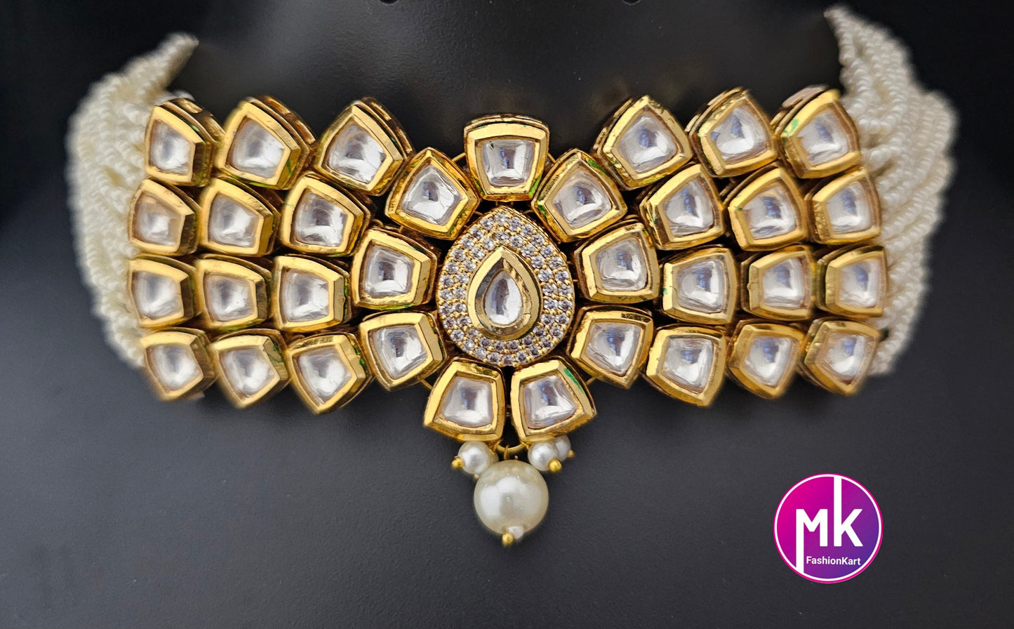 Premium Quality Gold polish Kundan Polki Bridal Choker with multi-strand piroyi pearls with Polki Earrings -  MK Fashionkart
