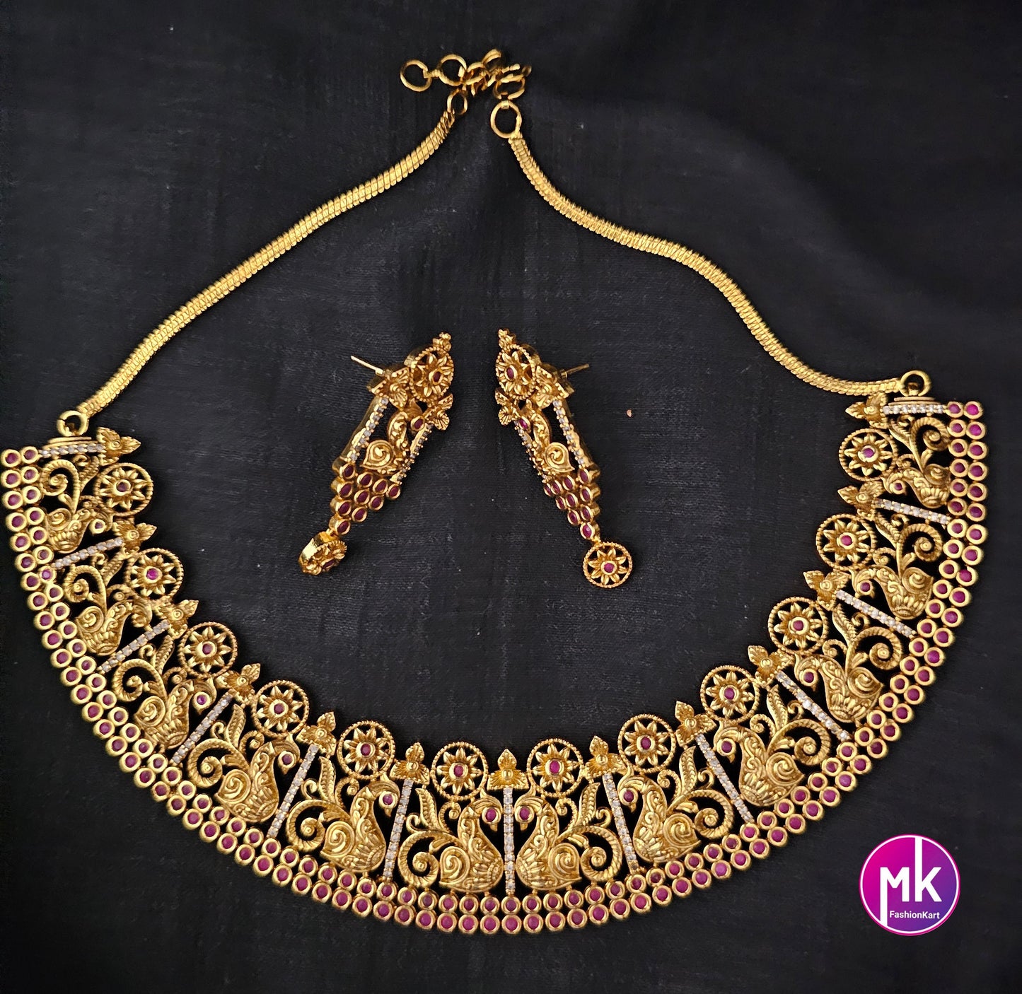 Premium Peacock Traditional matte gold finish big Bridal Necklace with AD Stones with Matching Big Earrings -  MK Fashionkart