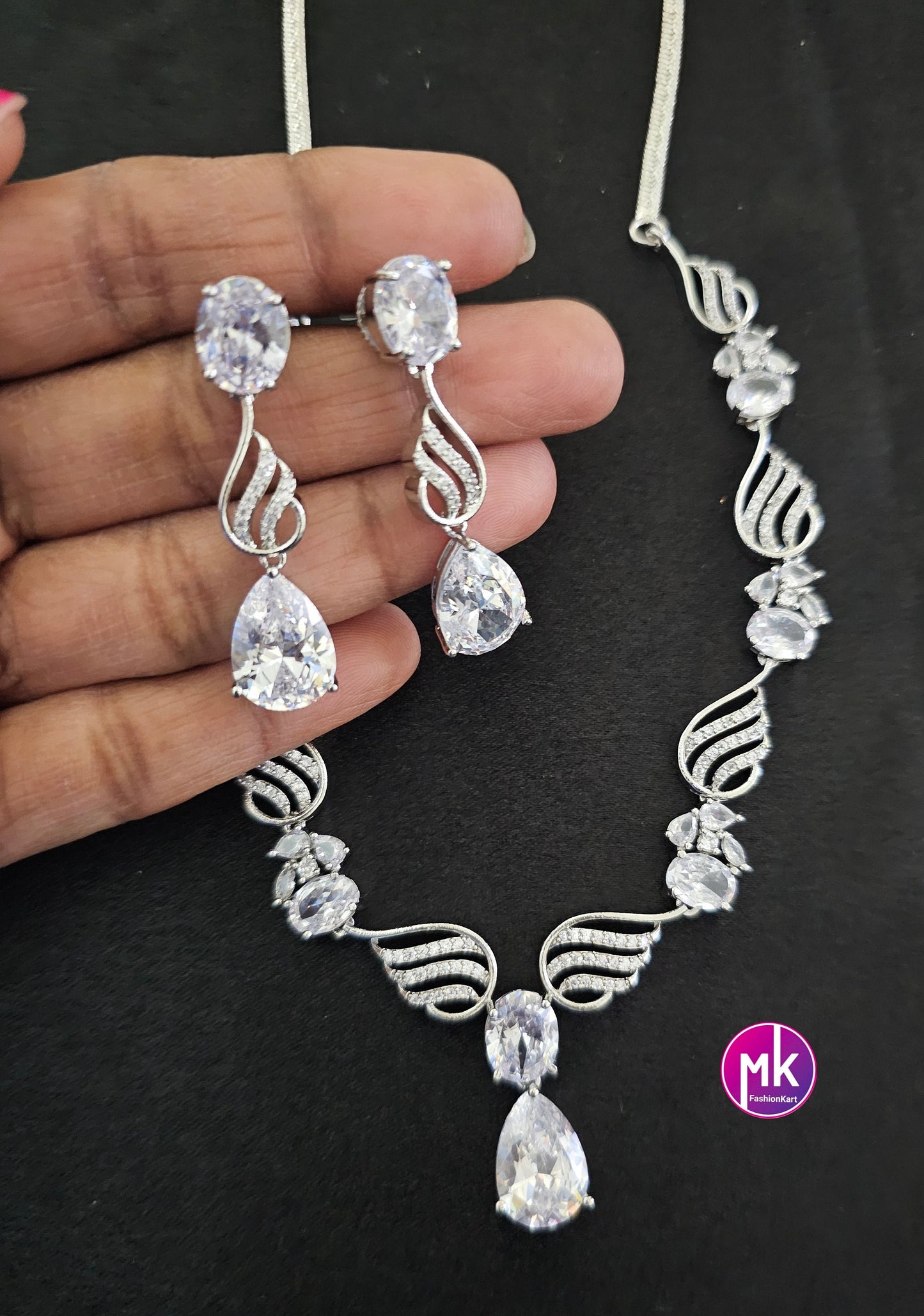Silver finish American Diamond and Cubic Zirconia Necklace with cute Earrings - Adult cum Teen - Fashion Jewelry - MK Fashionkart