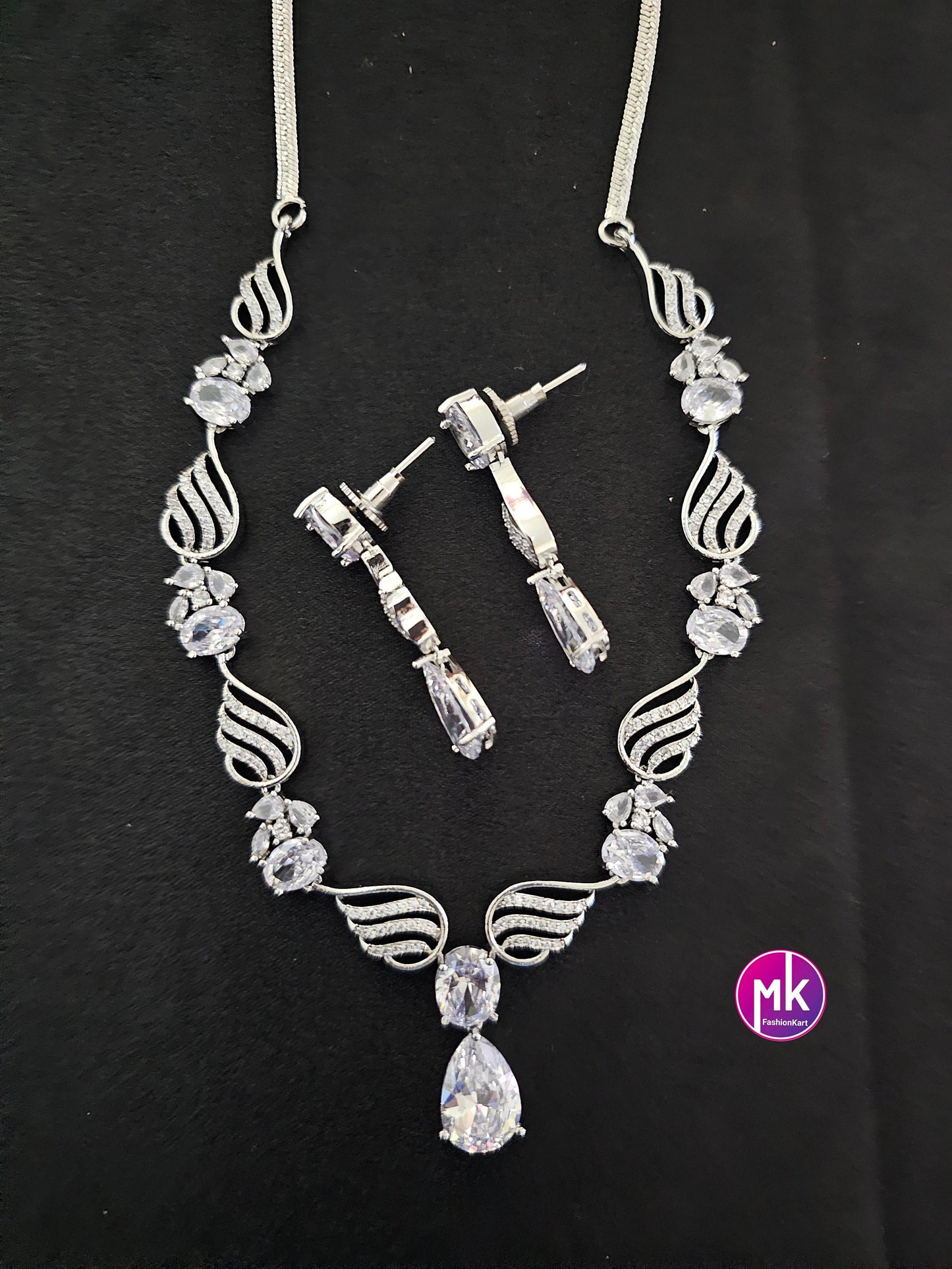Silver finish American Diamond and Cubic Zirconia Necklace with cute Earrings - Adult cum Teen - Fashion Jewelry - MK Fashionkart