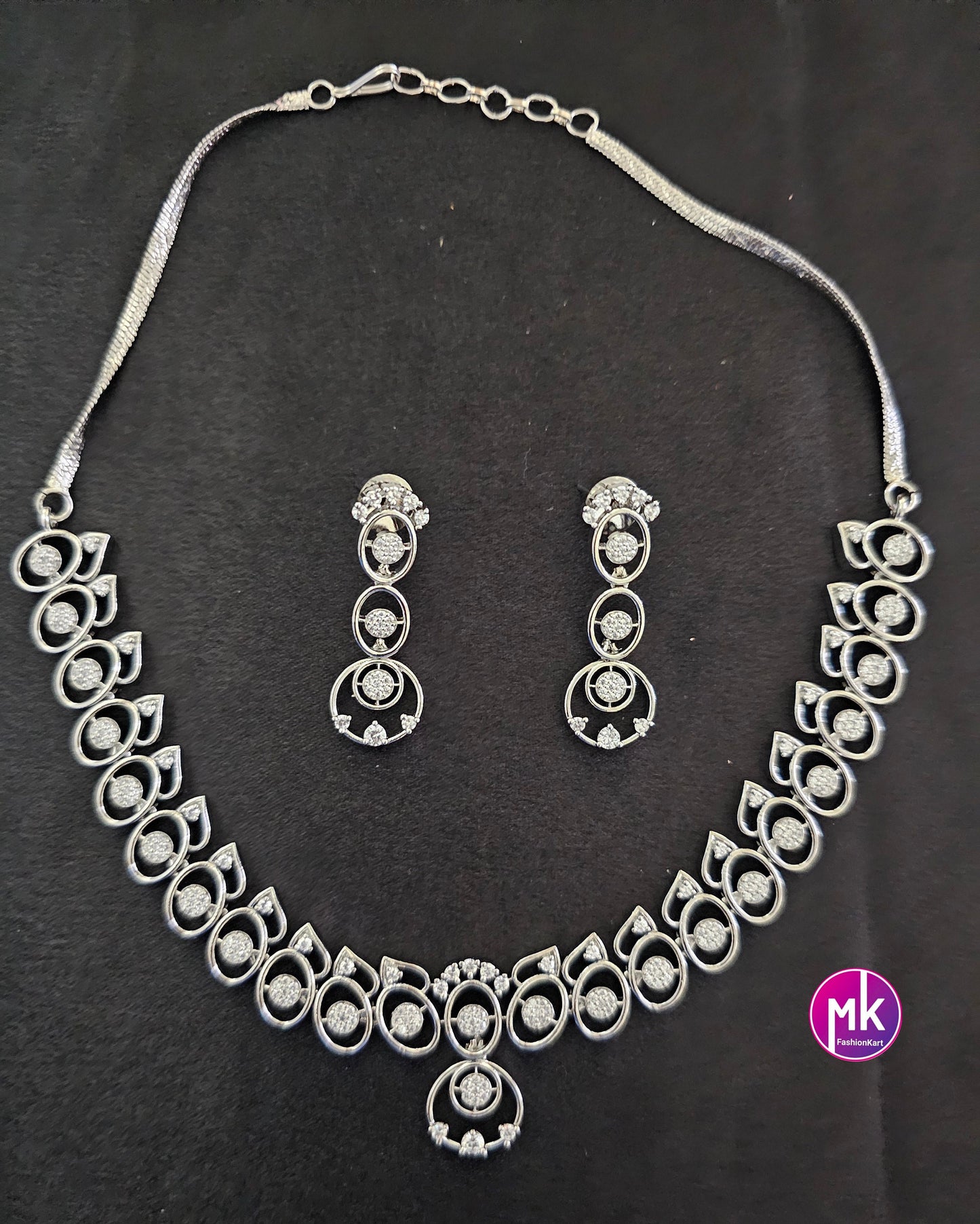 Silver finish Cubic Zirconia stone Necklace with cute Earrings - Adult cum Teen Necklace - Fashion Jewelry - MK Fashionkart