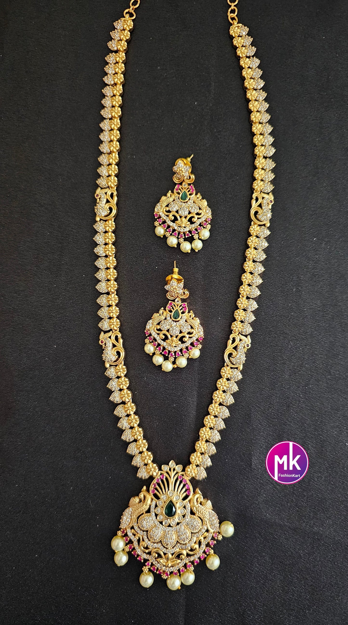Premium quality AD/CZ stone Haram with cute Earrings  - Gold Jewelry Replica Haram - Stone Jewelry - MK Fashionkart