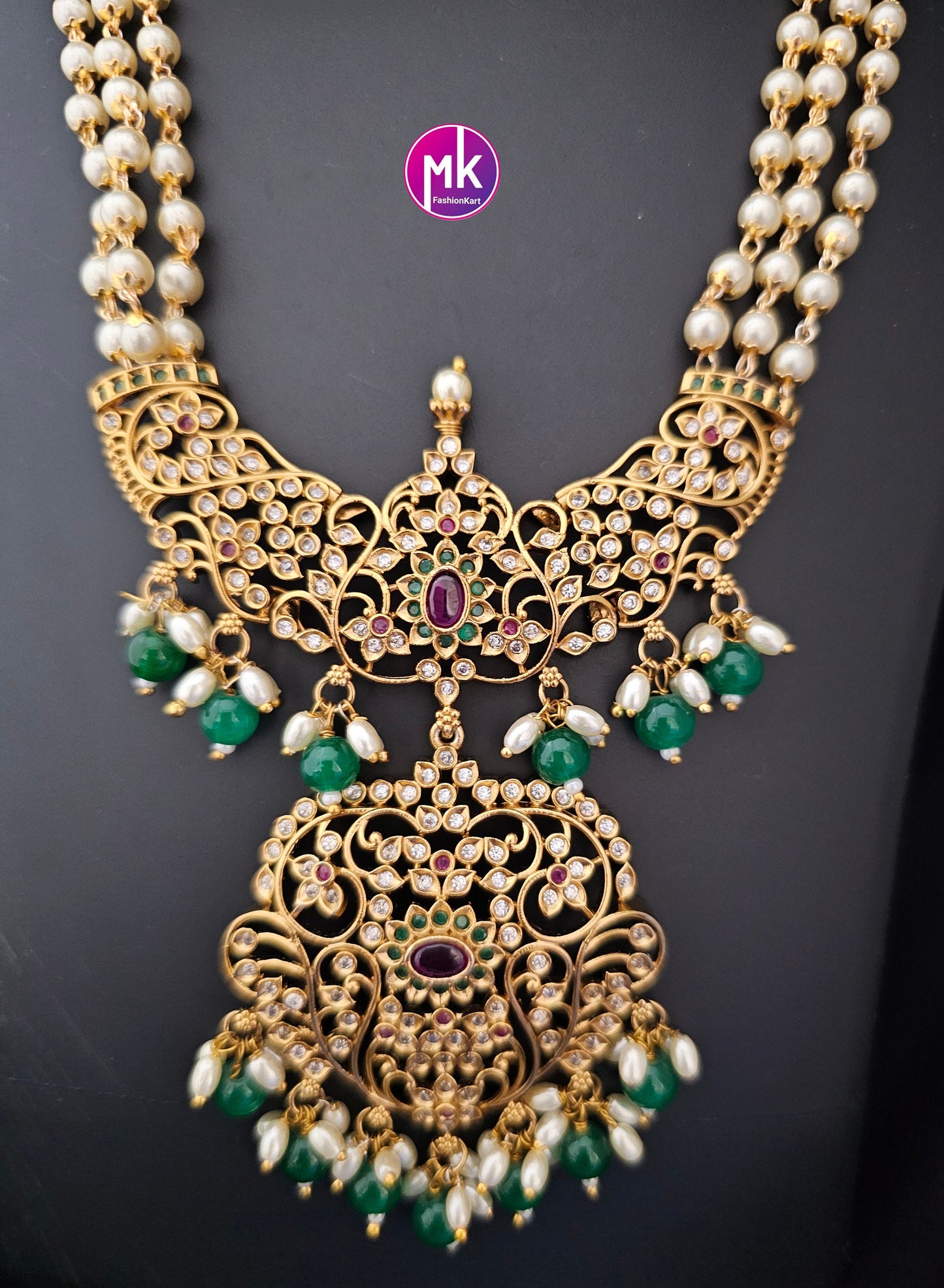 Beautiful Matte gold finish AD and kemp stones long Mala with matching Earrings - Bridal Haram - MK Fashionkart