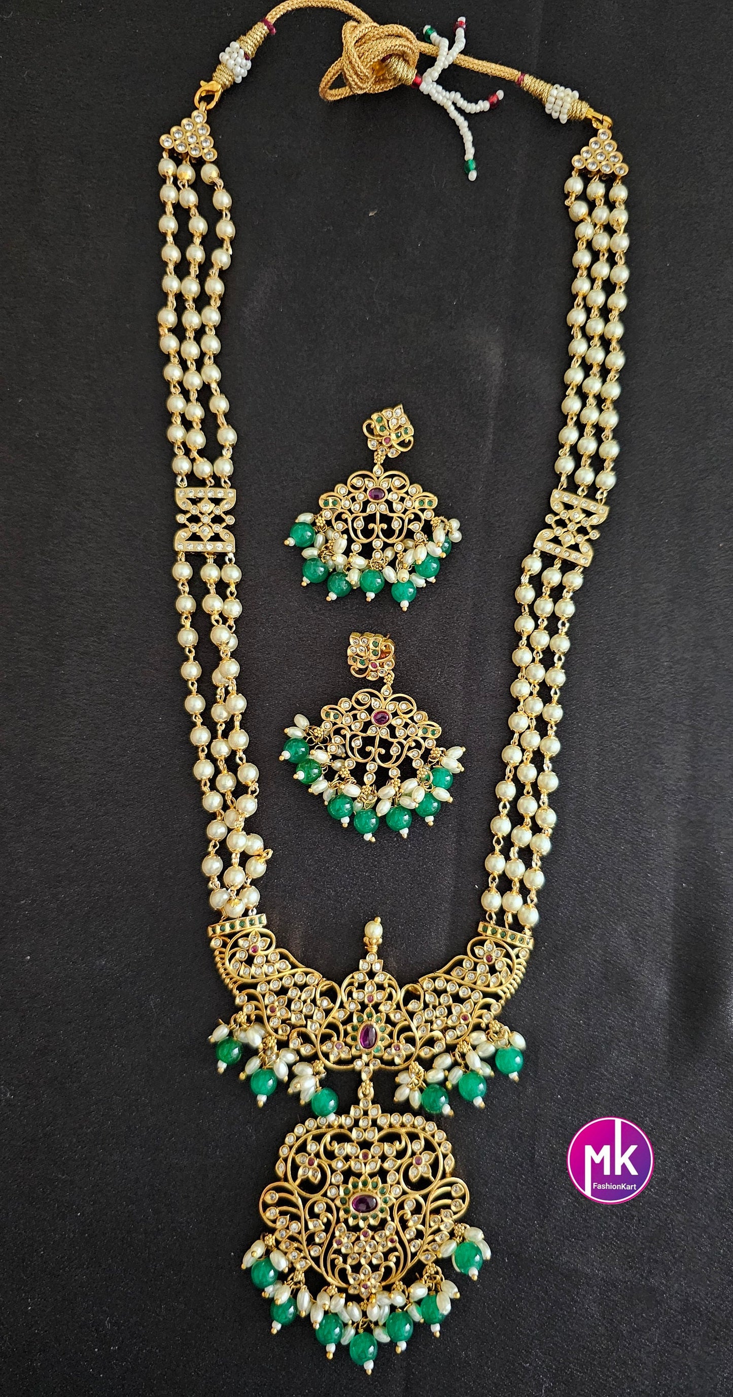 Beautiful Matte gold finish AD and kemp stones long Mala with matching Earrings - Bridal Haram - MK Fashionkart