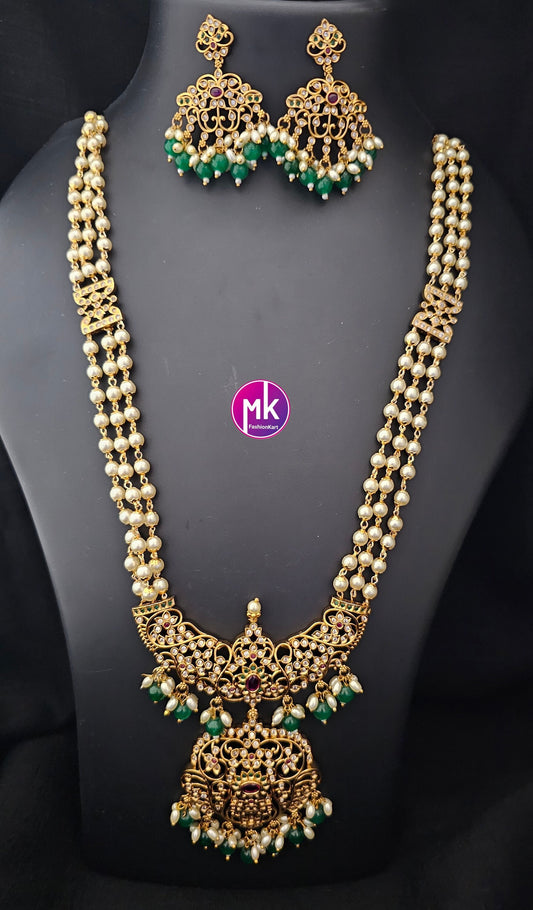Beautiful Matte gold finish AD and kemp stones long Mala with matching Earrings - Bridal Haram - MK Fashionkart