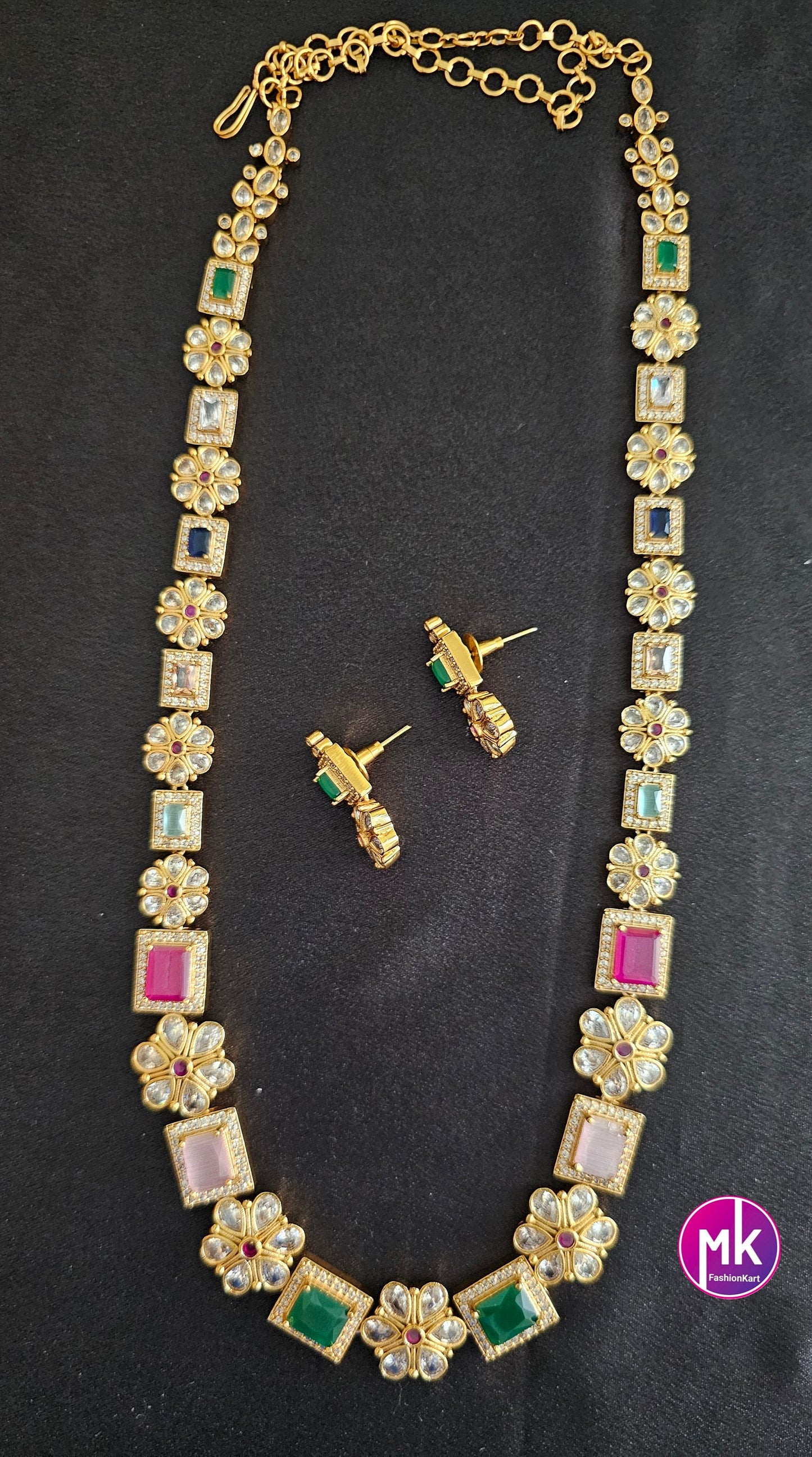 Premium quality Multi-color AD/CZ stone Flower design Haram with cute Earrings  - Gold Jewelry Replica Haram - MK Fashionkart