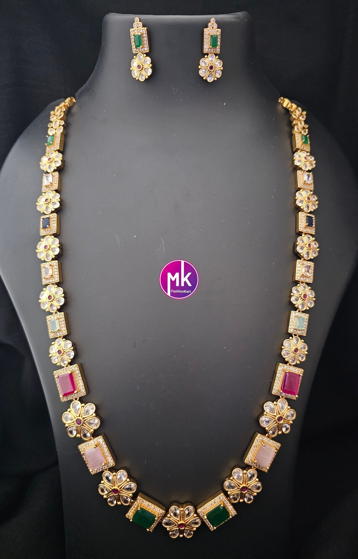 Premium quality Multi-color AD/CZ stone Flower design Haram with cute Earrings  - Gold Jewelry Replica Haram - MK Fashionkart