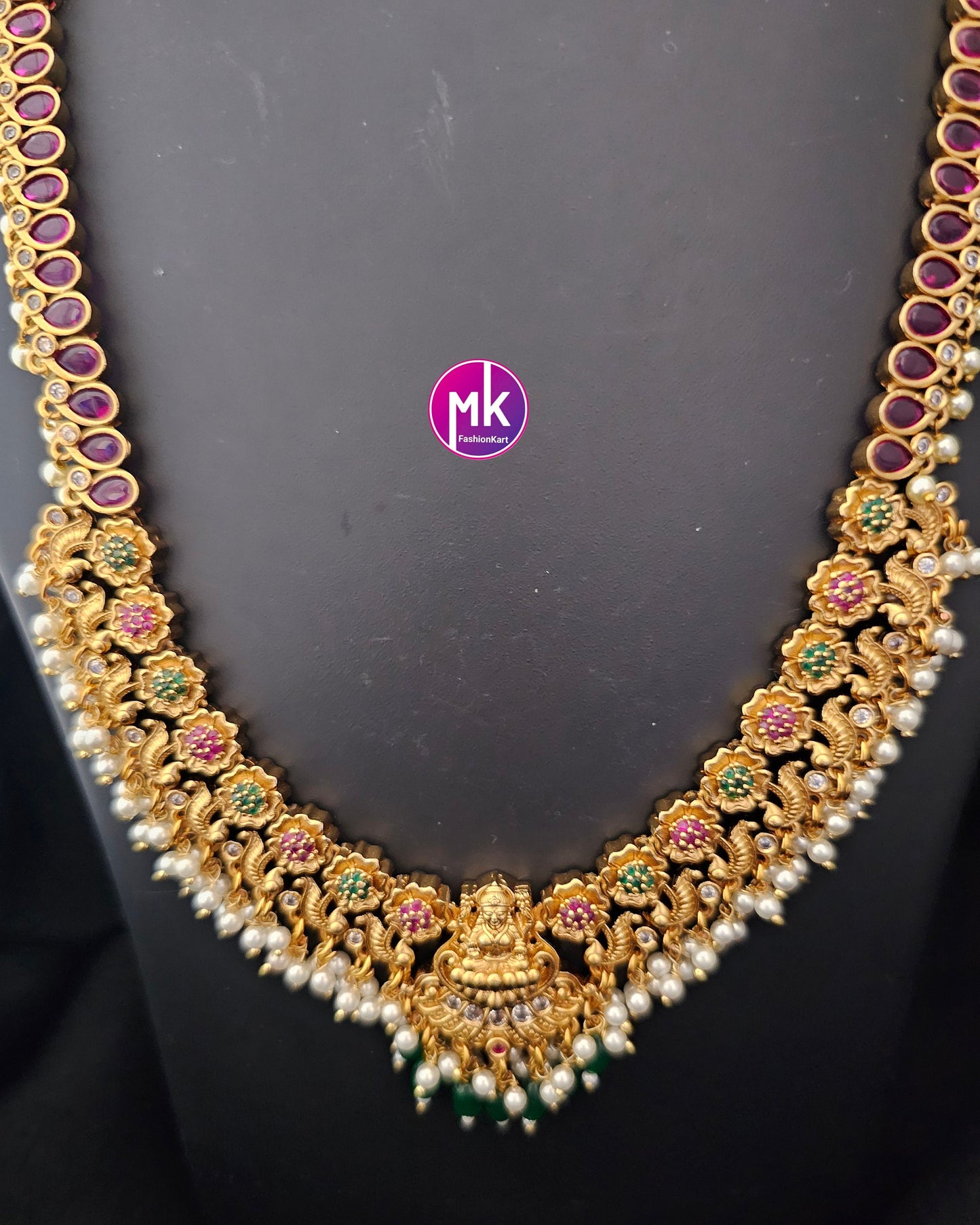 Lakshmi Kemp stone Premium Quality Matte gold finish Haram with matching Earrings - Bridal Haram - MK Fashionkart