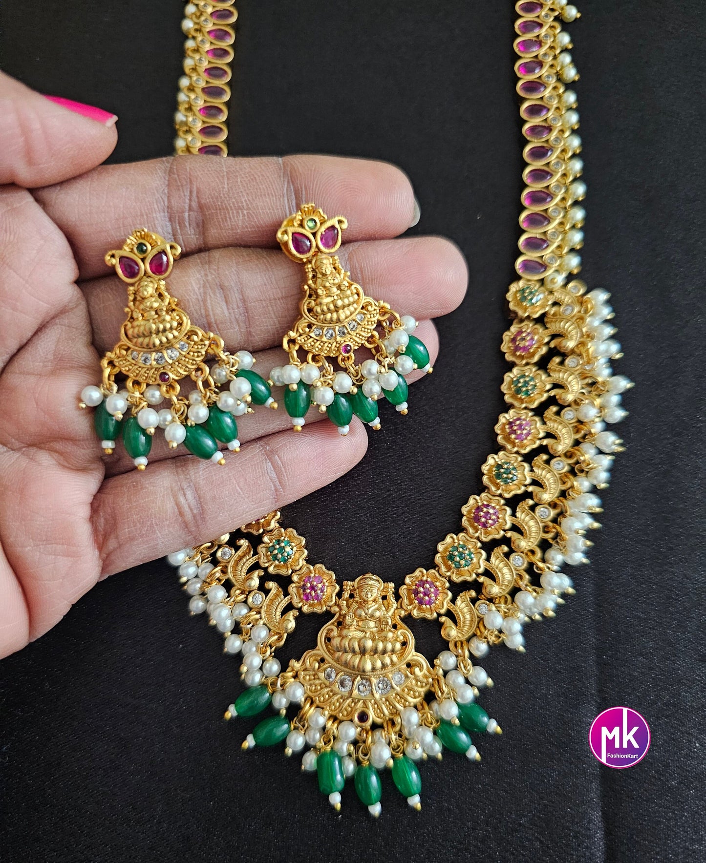 Lakshmi Kemp stone Premium Quality Matte gold finish Haram with matching Earrings - Bridal Haram - MK Fashionkart