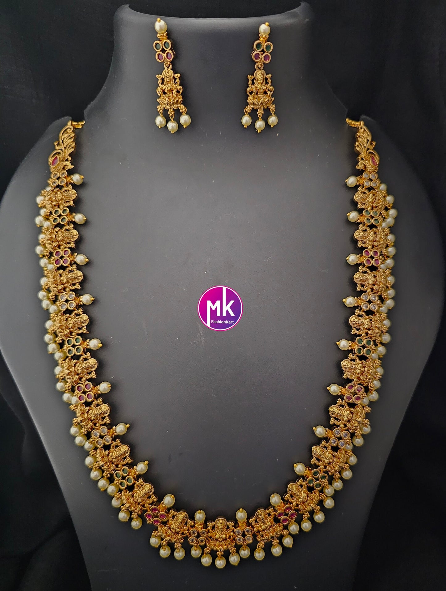 Lakshmi AD stone Premium Quality Matte gold finish Haram with matching Earrings - Bridal Haram - MK Fashionkart