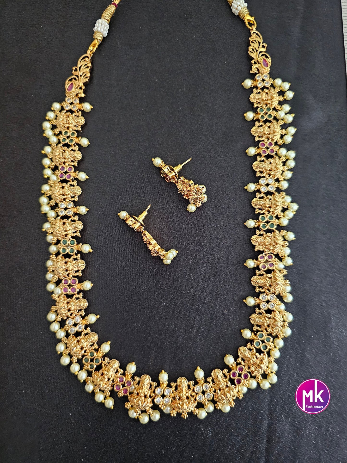 Lakshmi AD stone Premium Quality Matte gold finish Haram with matching Earrings - Bridal Haram - MK Fashionkart