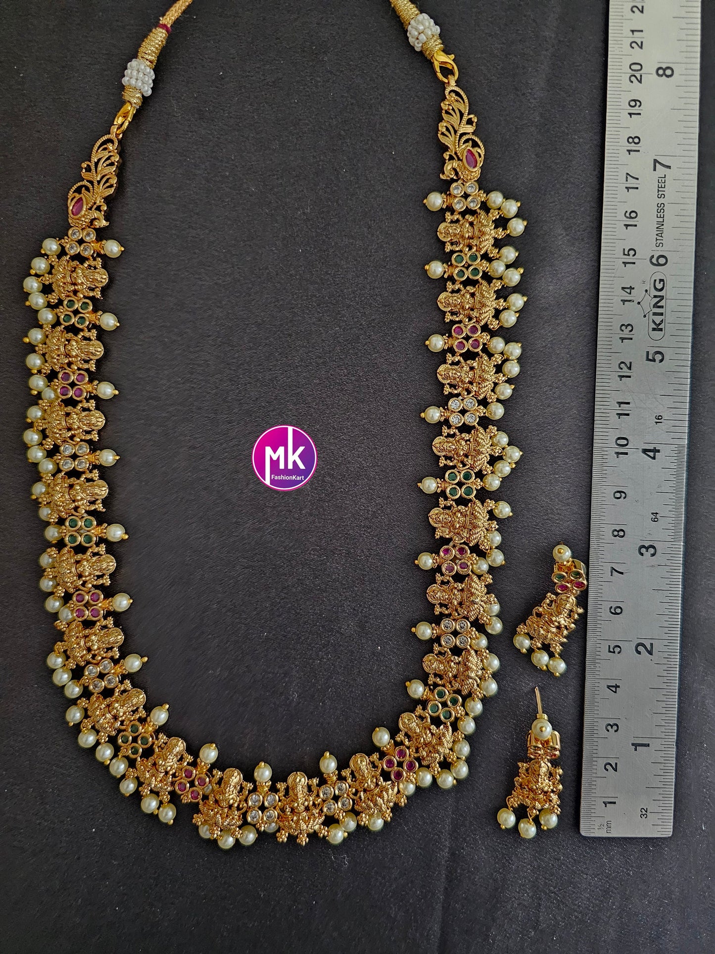 Lakshmi AD stone Premium Quality Matte gold finish Haram with matching Earrings - Bridal Haram - MK Fashionkart