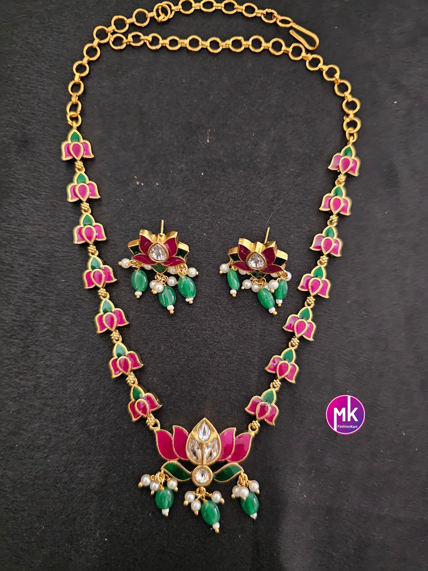 Vibrant color Lotus Meenakari work trendy Necklace with matching Earrings - Adult cum Teen Necklace - Fashion Jewelry - MK Fashionkart