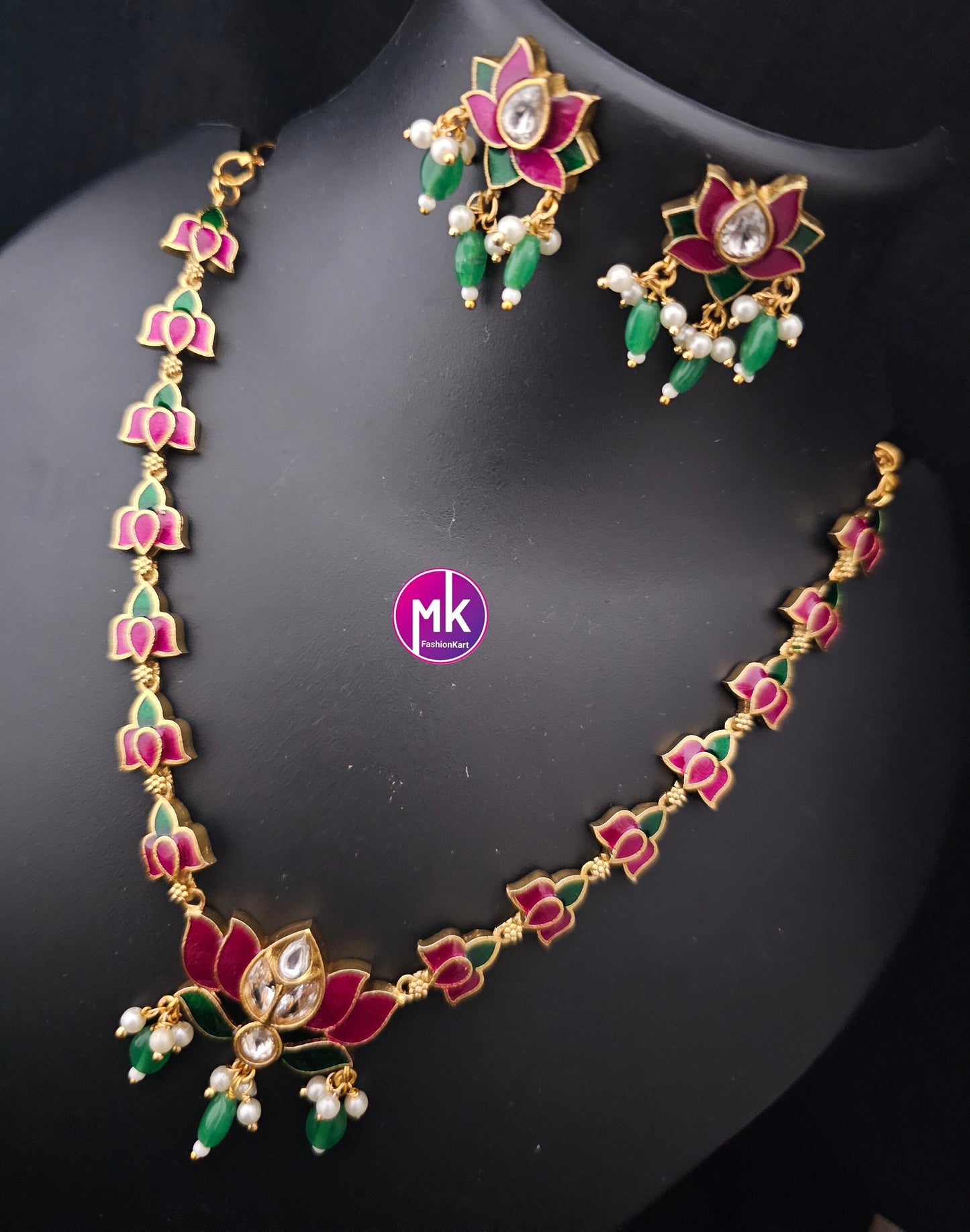 Vibrant color Lotus Meenakari work trendy Necklace with matching Earrings - Adult cum Teen Necklace - Fashion Jewelry - MK Fashionkart
