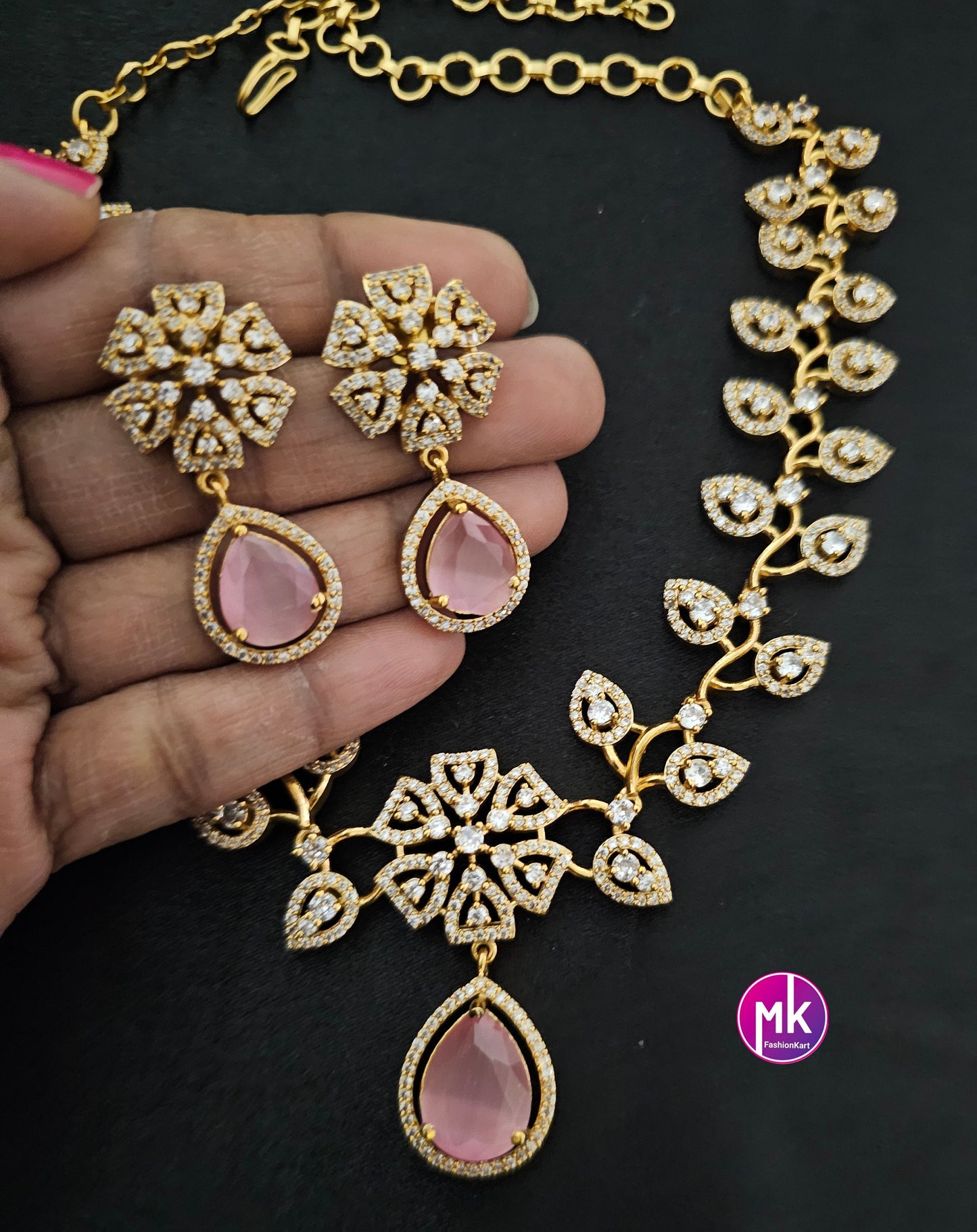 Premium Gold finish American Diamond stone flower design Necklace with Earrings - Wedding Necklace - Prom Necklace - MK Fashionkart