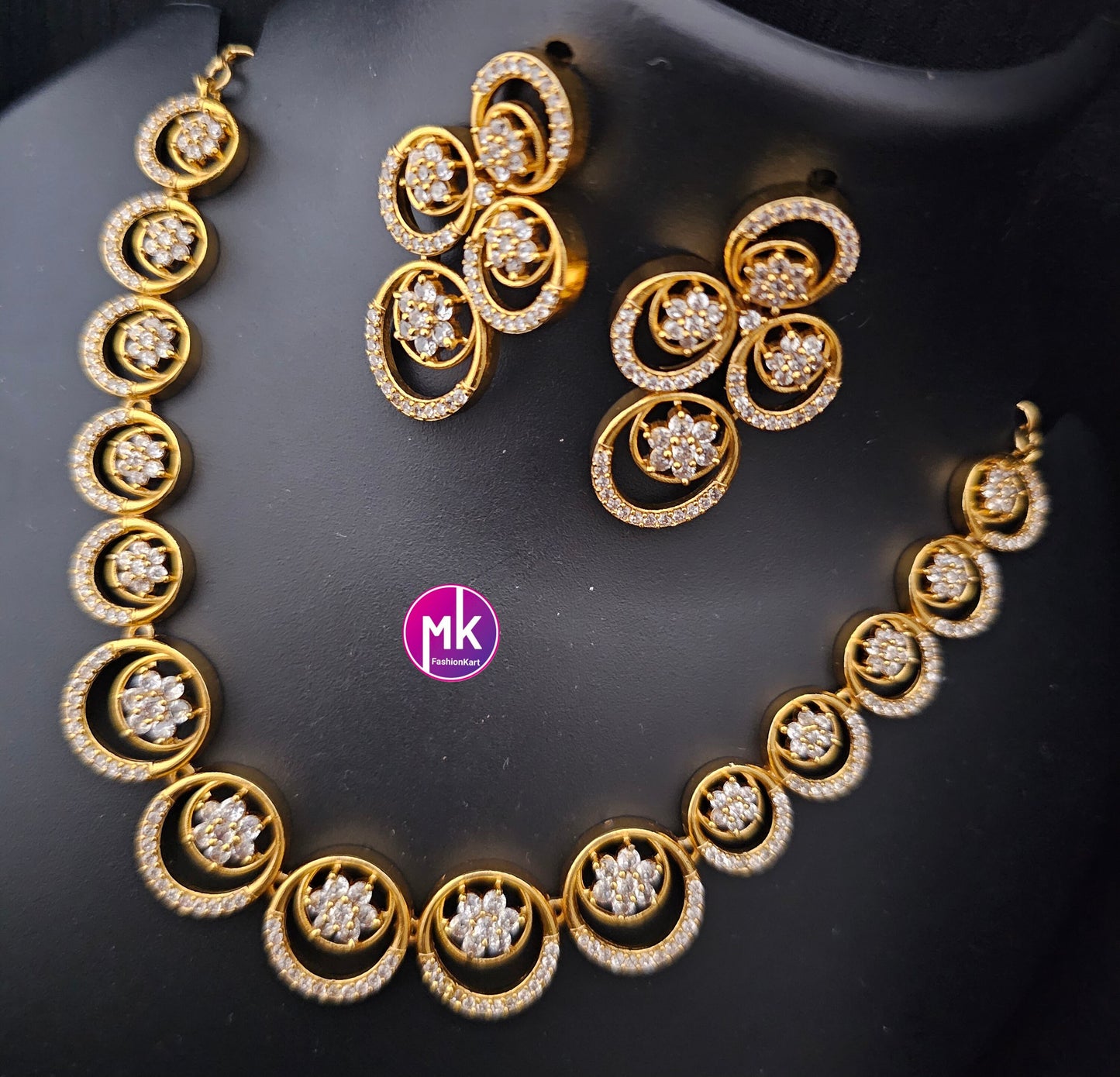 Premium Gold finish AD stone flower design necklace with matching big Earrings - Trendy Jewelry - Mk Fashionkart