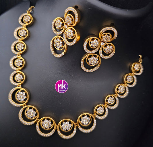 Premium Gold finish AD stone flower design necklace with matching big Earrings - Trendy Jewelry - Mk Fashionkart