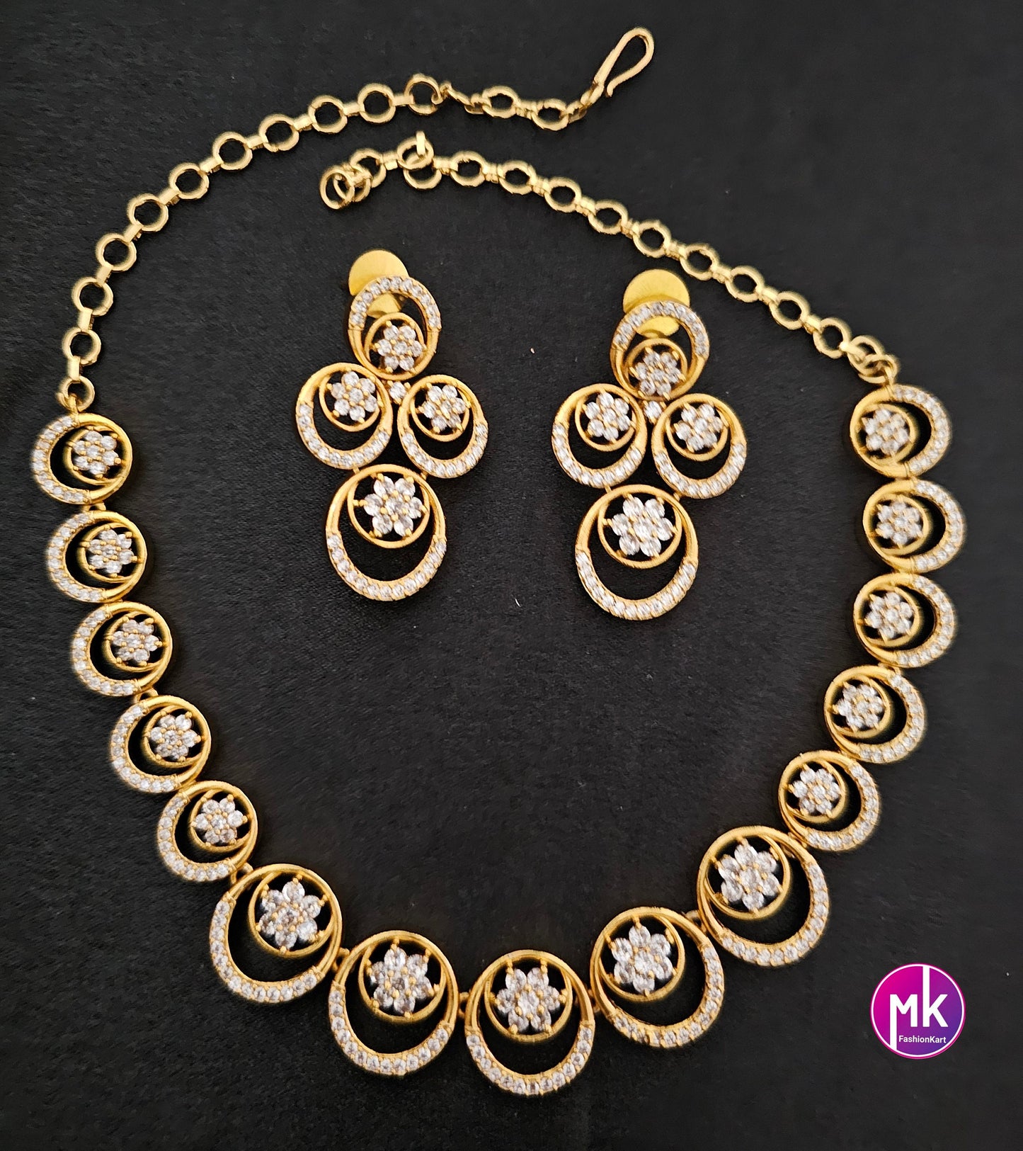Premium Gold finish AD stone flower design necklace with matching big Earrings - Trendy Jewelry - Mk Fashionkart