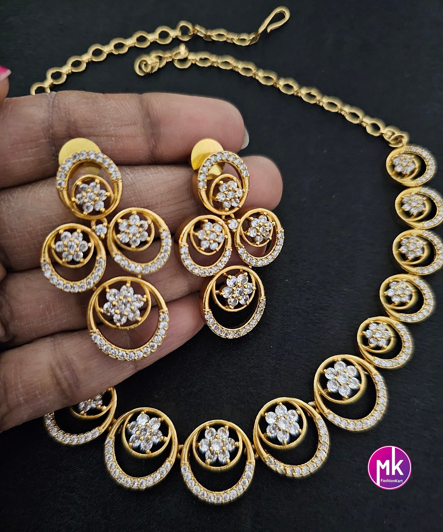 Premium Gold finish AD stone flower design necklace with matching big Earrings - Trendy Jewelry - Mk Fashionkart