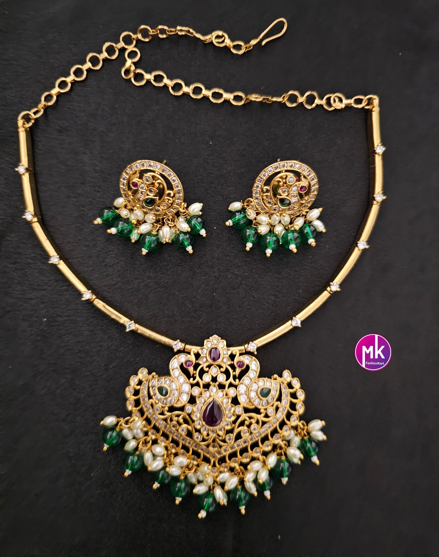 Premium Matte gold finish AD stone necklace with hanging pears beads with matching Earrings - Trendy and Traditional Necklace MK Fashionkart