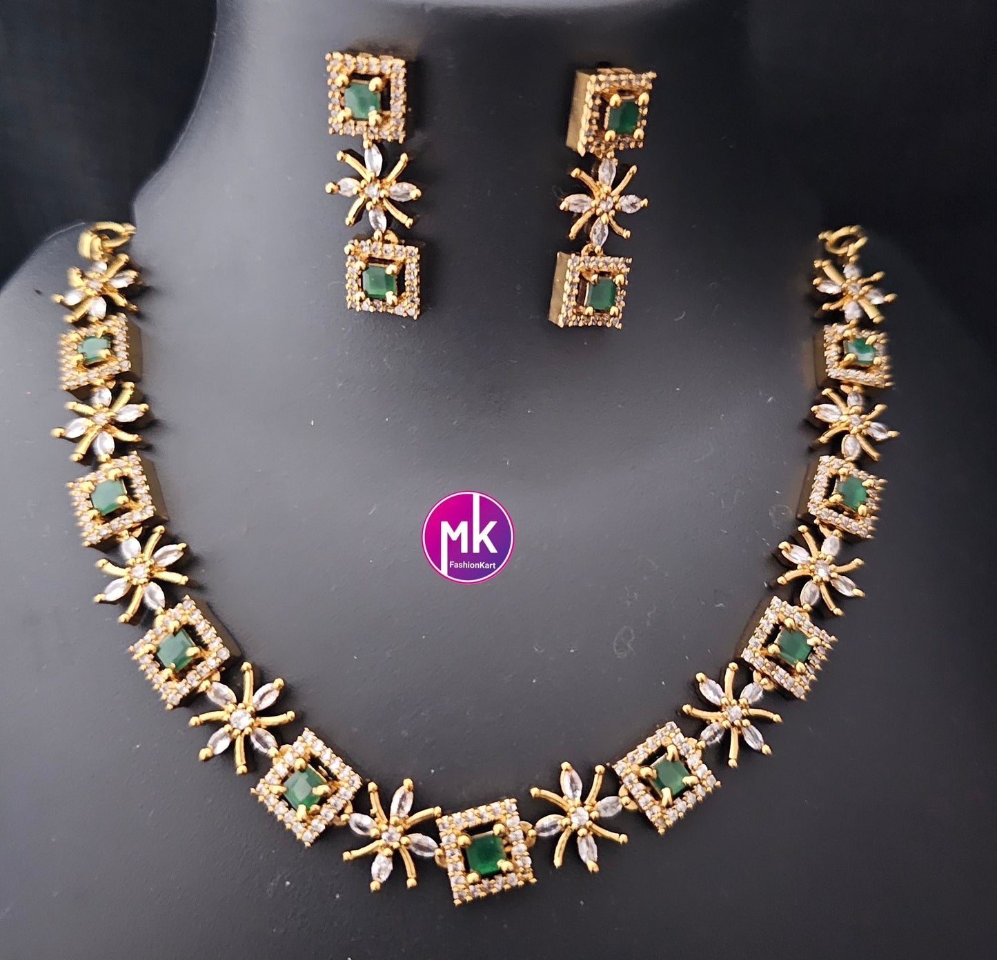 Premium polish Gold finish Necklace with AD stones and matching Earrings - Trendy Necklace - Adult cum Teen Necklace - MK Fashionkart