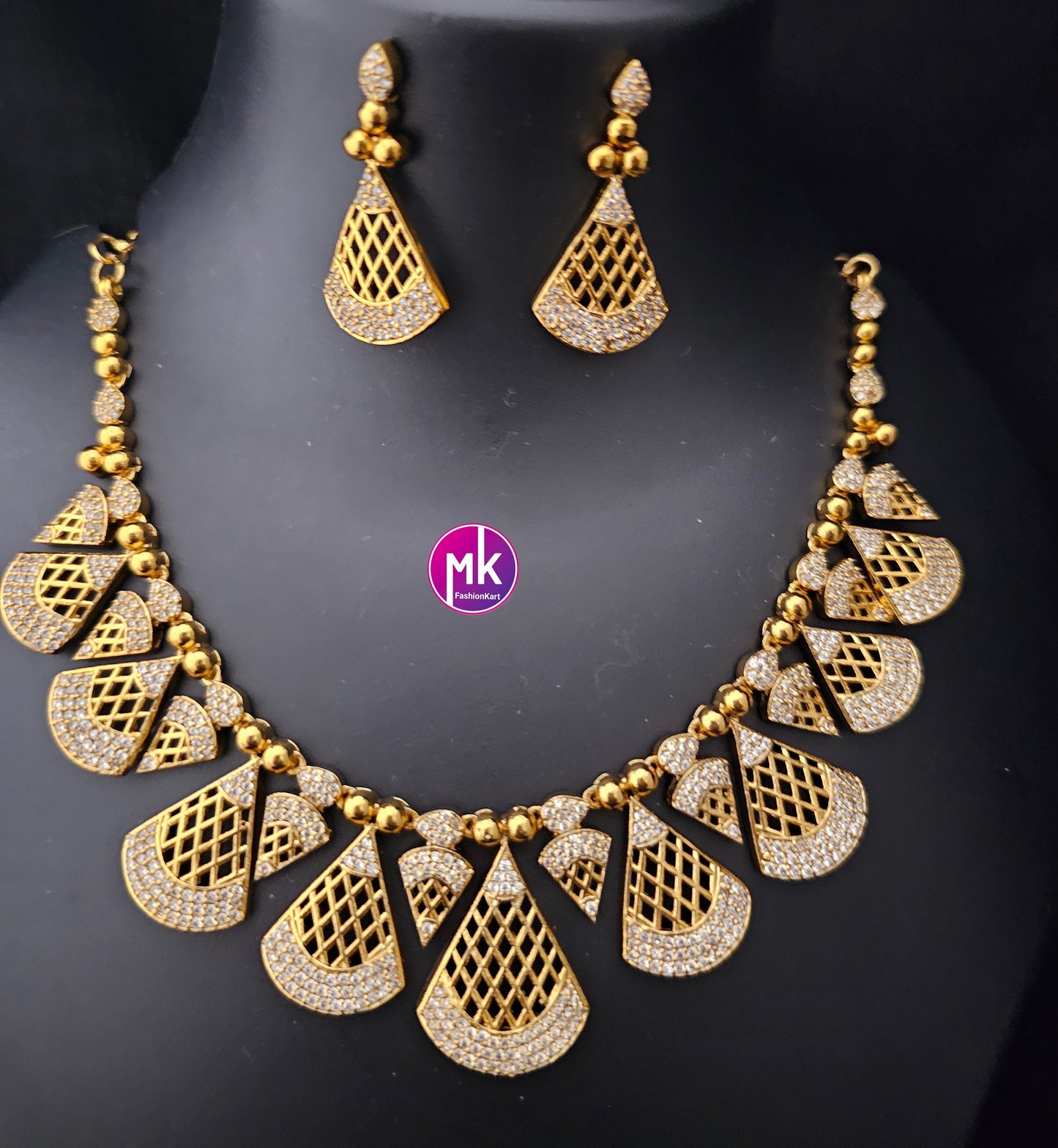 Premium Gold finish AD stone necklace with matching Earrings - Adult cum Teen Necklace - Trendy Necklace - MK Fashionkart