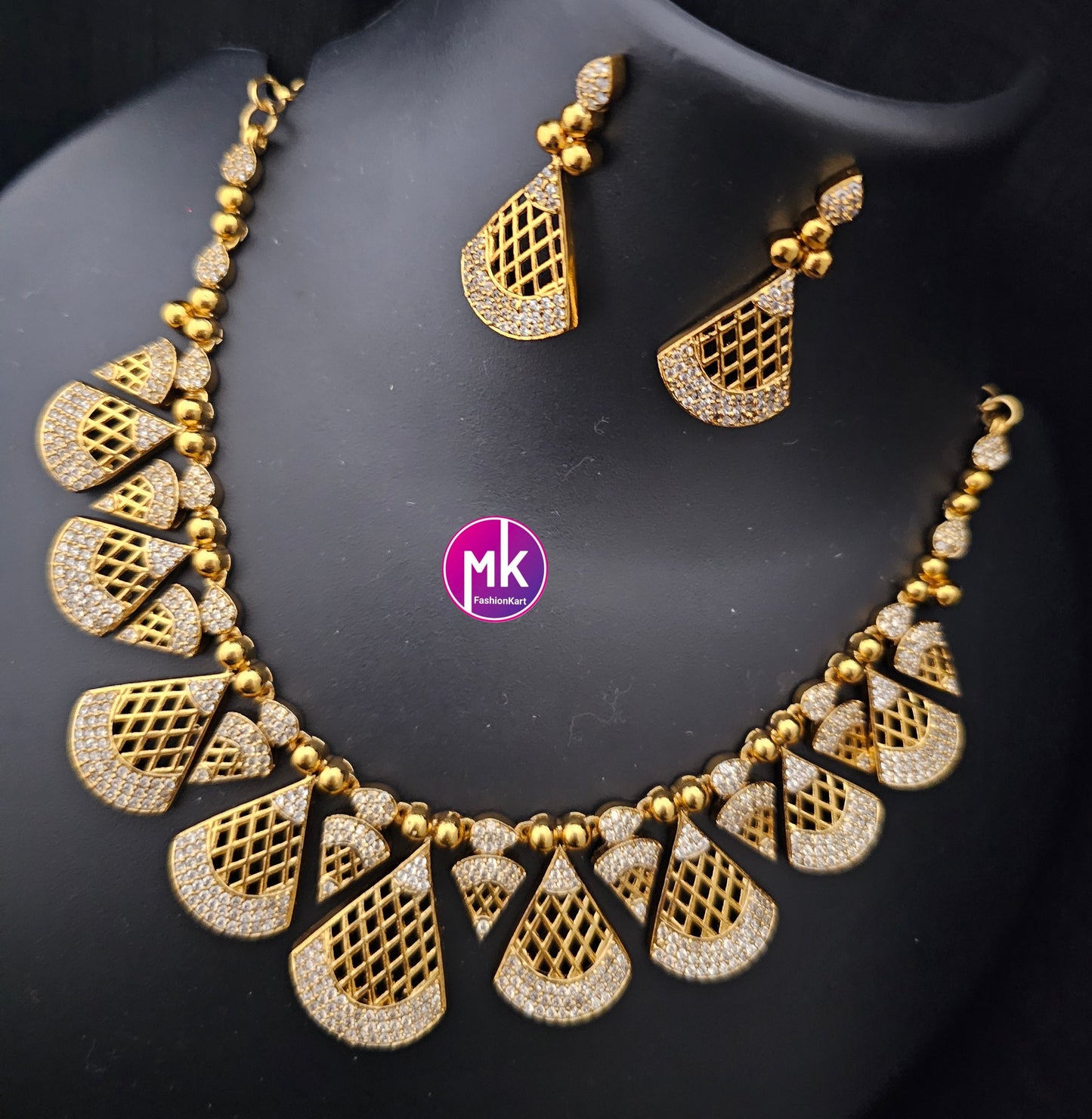 Premium Gold finish AD stone necklace with matching Earrings - Adult cum Teen Necklace - Trendy Necklace - MK Fashionkart